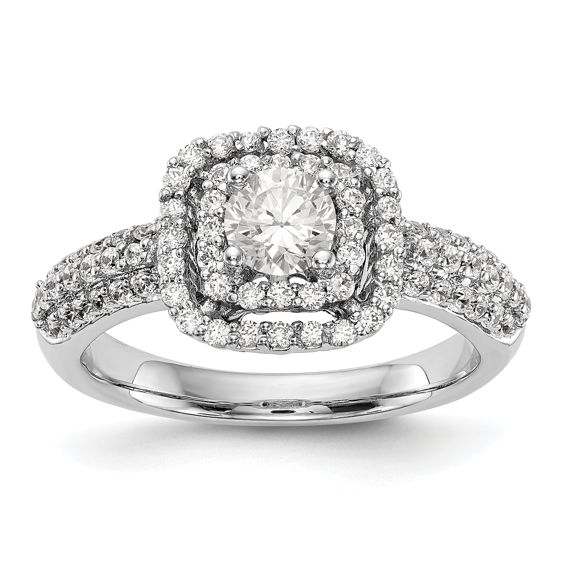 14K Weißgold Verlobungsring mit simuliertem Diamant und doppeltem Kissen-Halo
