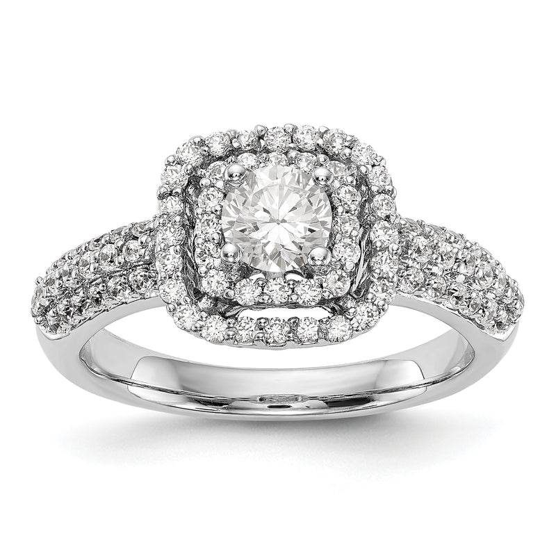 14K Weißgold Verlobungsring mit simuliertem Diamant und doppeltem Kissen-Halo