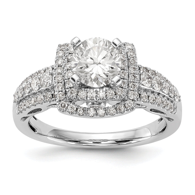 14K Weißgold Verlobungsring mit Krappenfassung, simuliertem Diamanten im Kissenschliff und doppeltem Halo