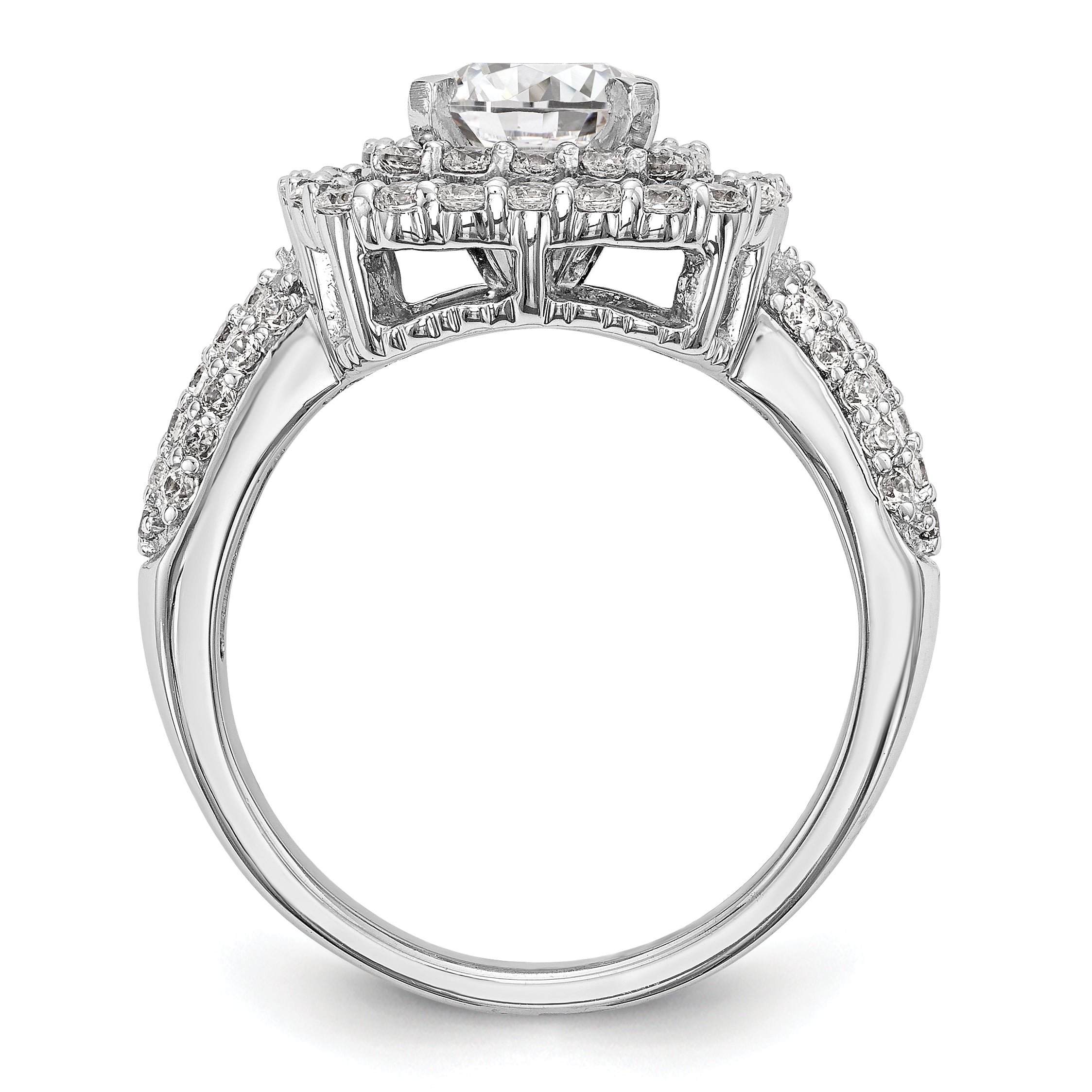 Verlobungsring aus 14K Weißgold mit Krappenfassung, Zirkonia und doppeltem Kissenschliff-Halo
