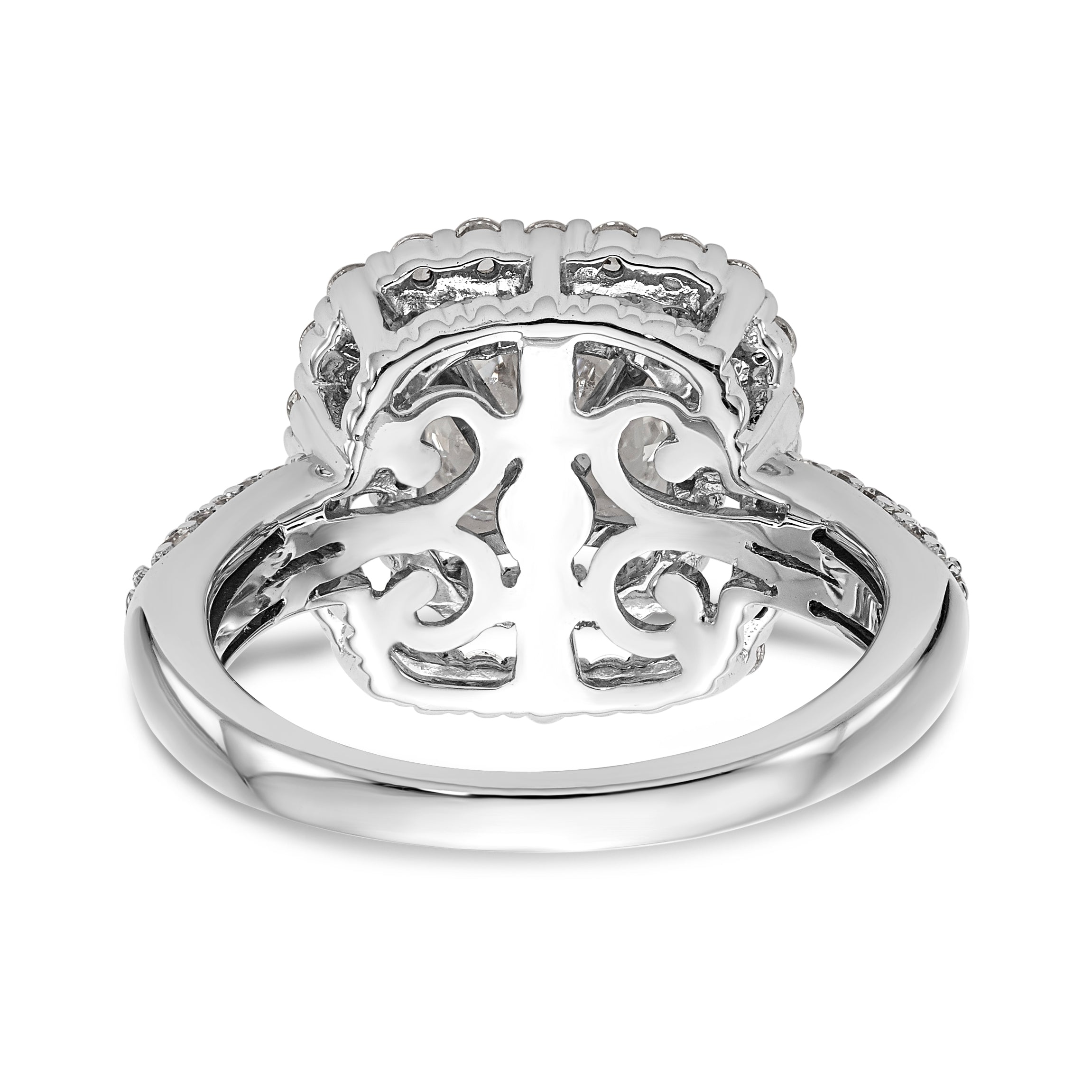 Verlobungsring aus 14K Weißgold mit Krappenfassung, Zirkonia und doppeltem Kissenschliff-Halo