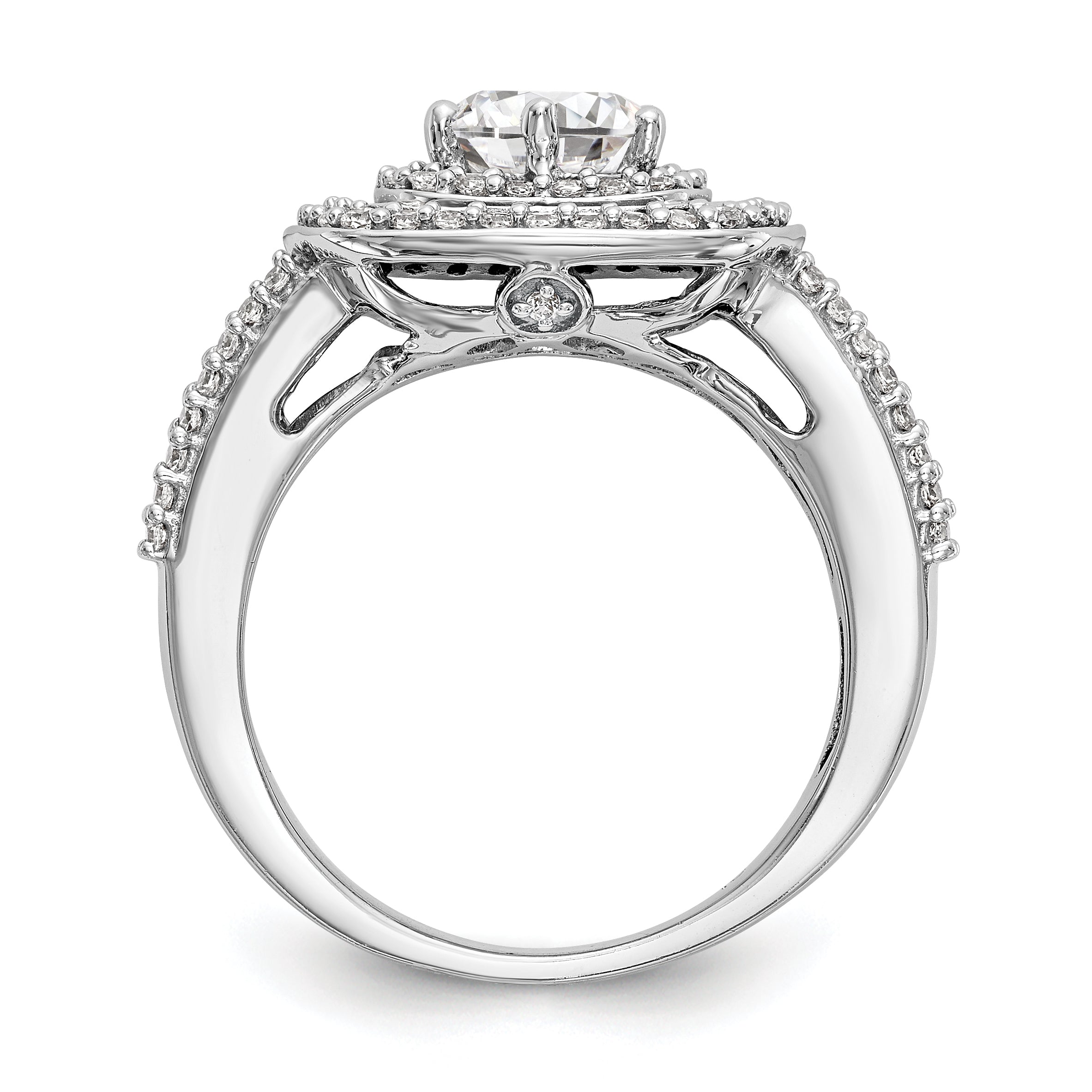 14K Weißgold Verlobungsring mit simulierten Diamanten, Kissenschliff, doppeltem Halo