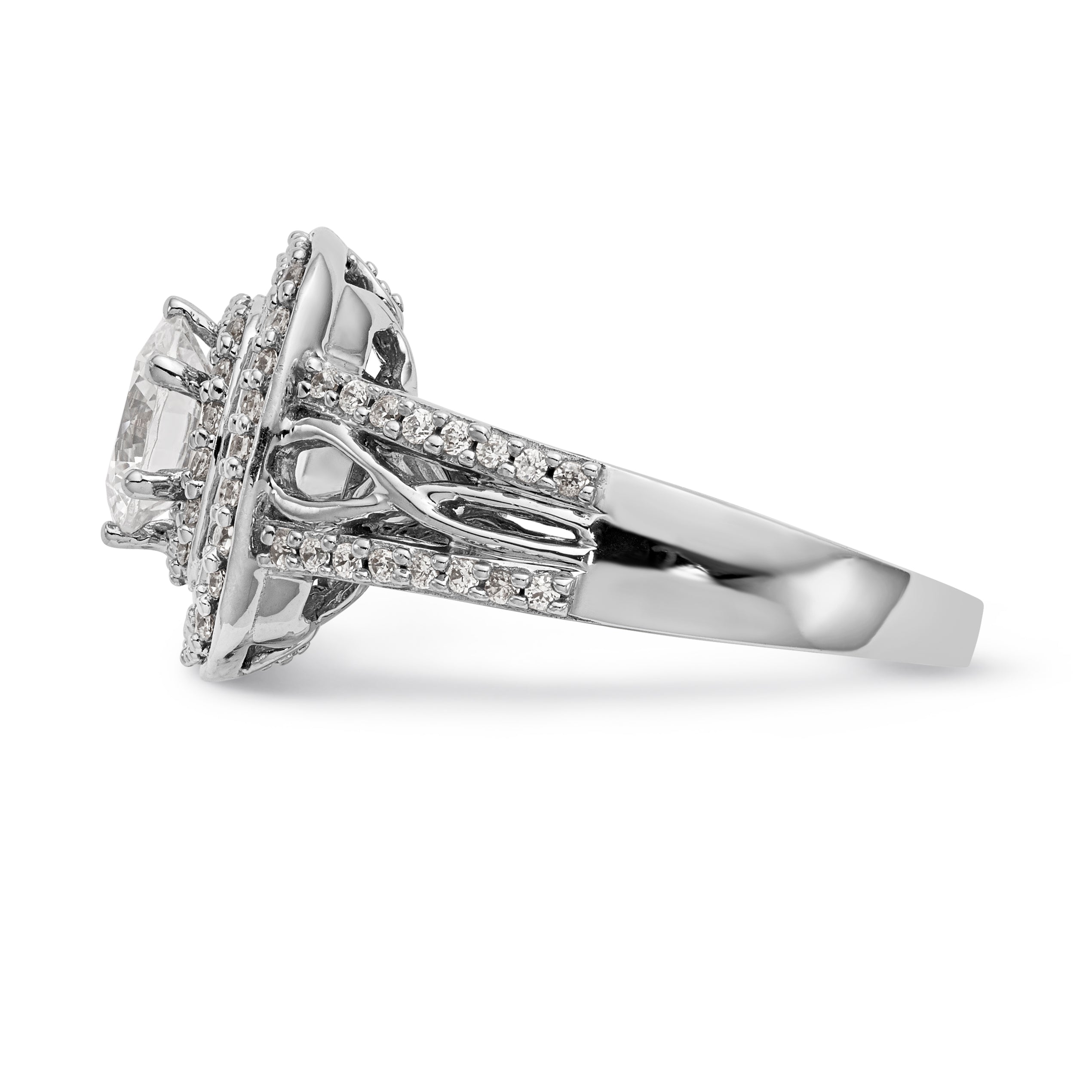 14K Weißgold Verlobungsring mit simulierten Diamanten, Kissenschliff, doppeltem Halo