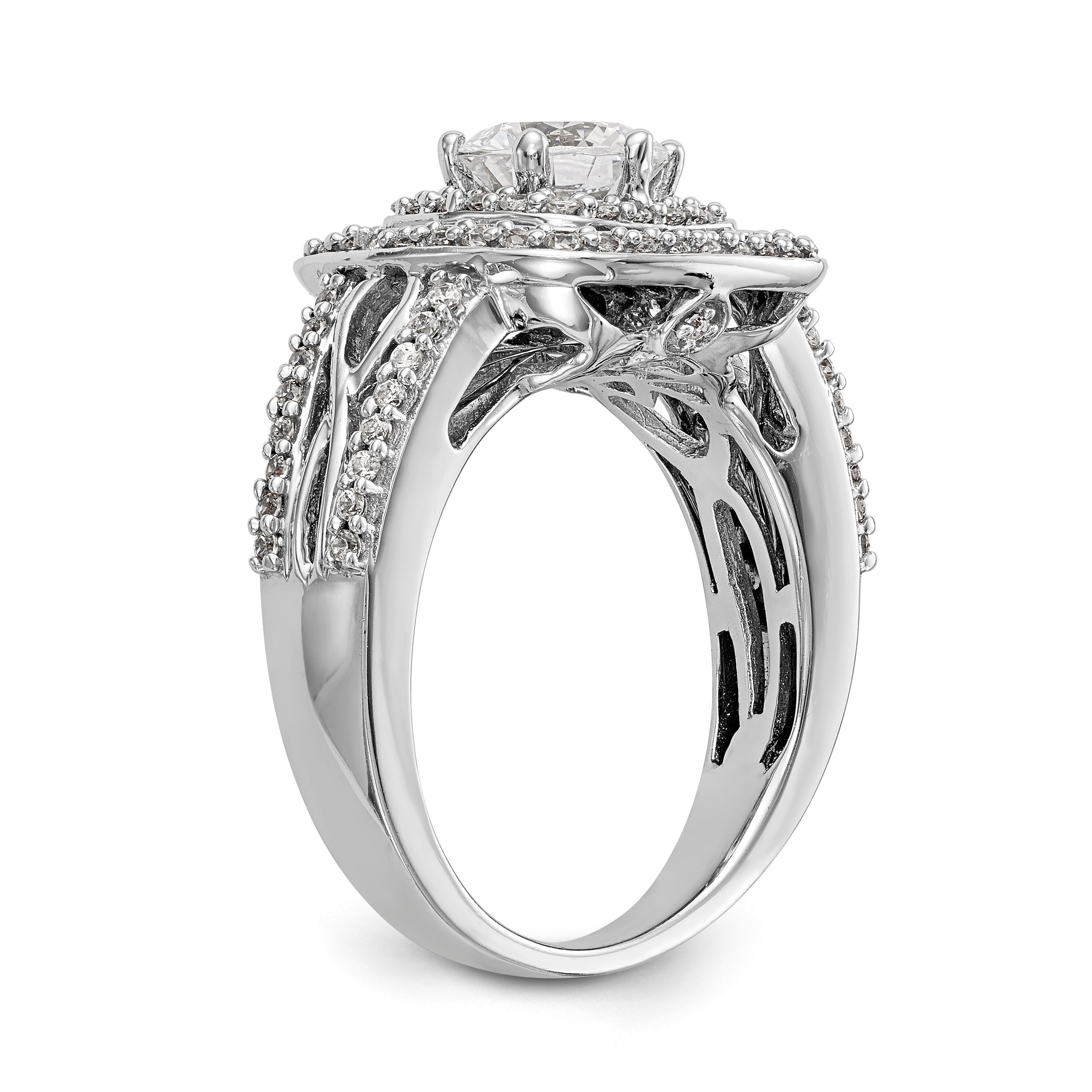 14K Weißgold Verlobungsring mit simulierten Diamanten, Kissenschliff, doppeltem Halo