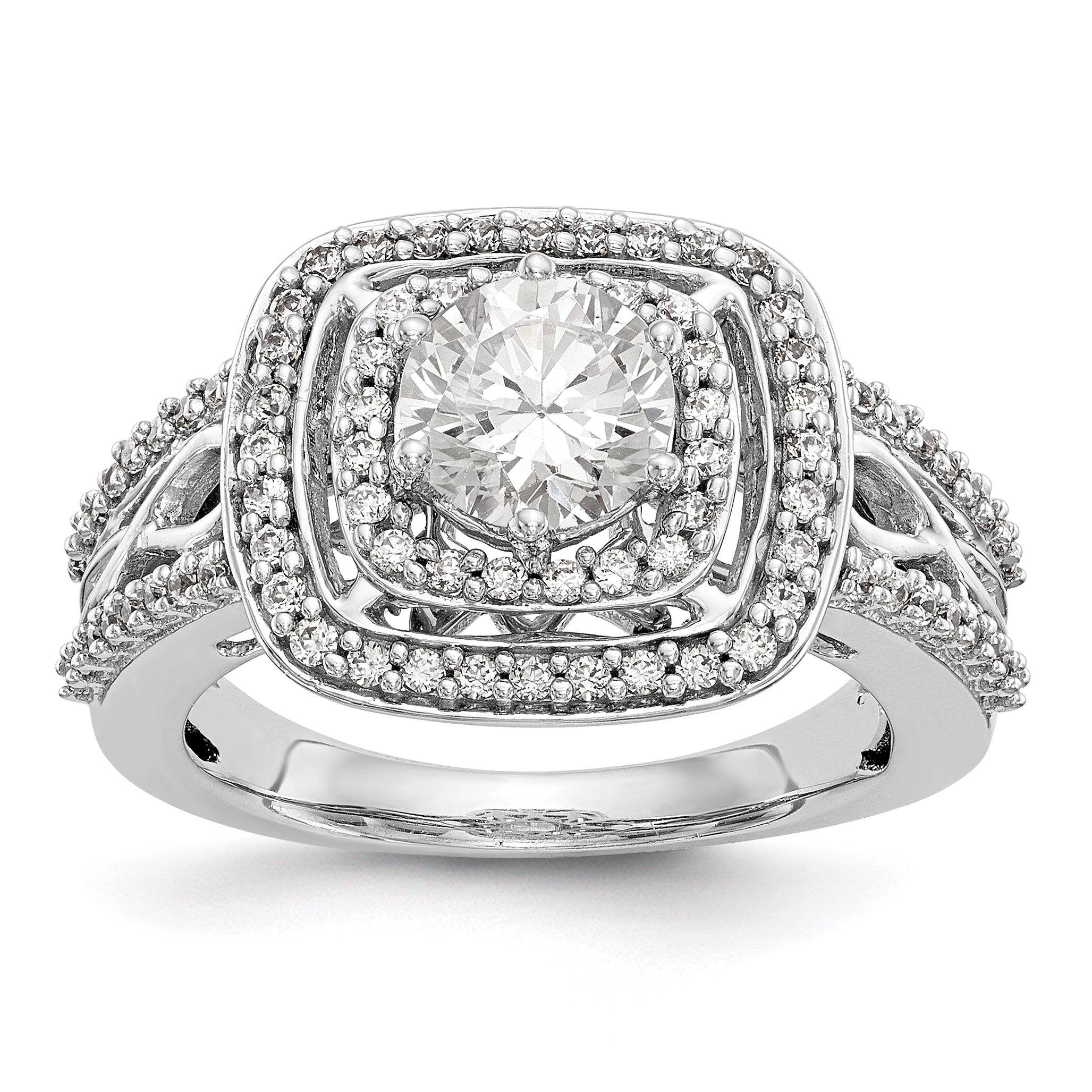 14K Weißgold Verlobungsring mit simulierten Diamanten, Kissenschliff, doppeltem Halo