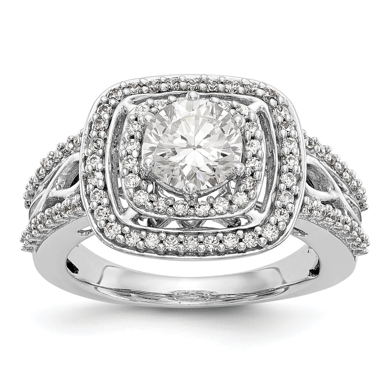 14K Weißgold Verlobungsring mit simulierten Diamanten, Kissenschliff, doppeltem Halo