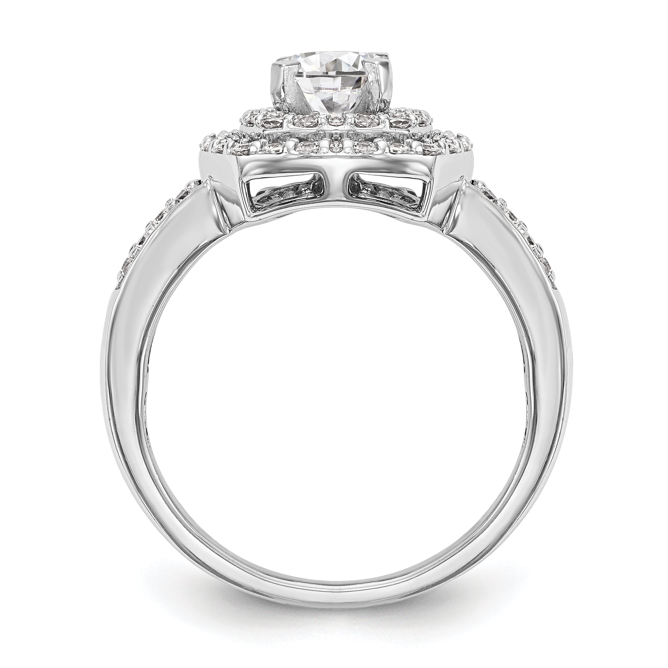 14K Verlobungsring mit doppeltem Kissenschliff-Halo aus simulierten Diamanten, Krappenfassung
