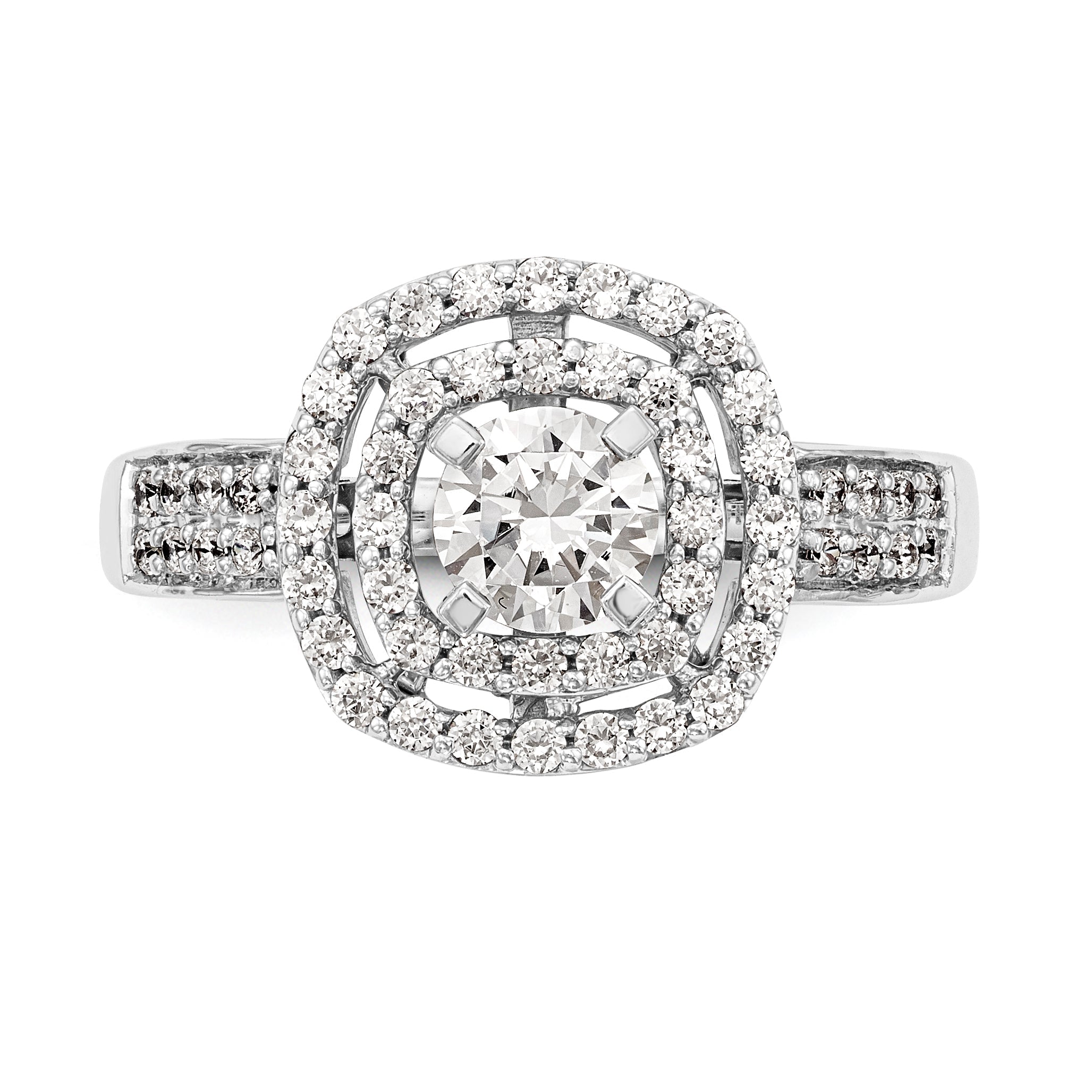14K Verlobungsring mit doppeltem Kissenschliff-Halo aus simulierten Diamanten, Krappenfassung