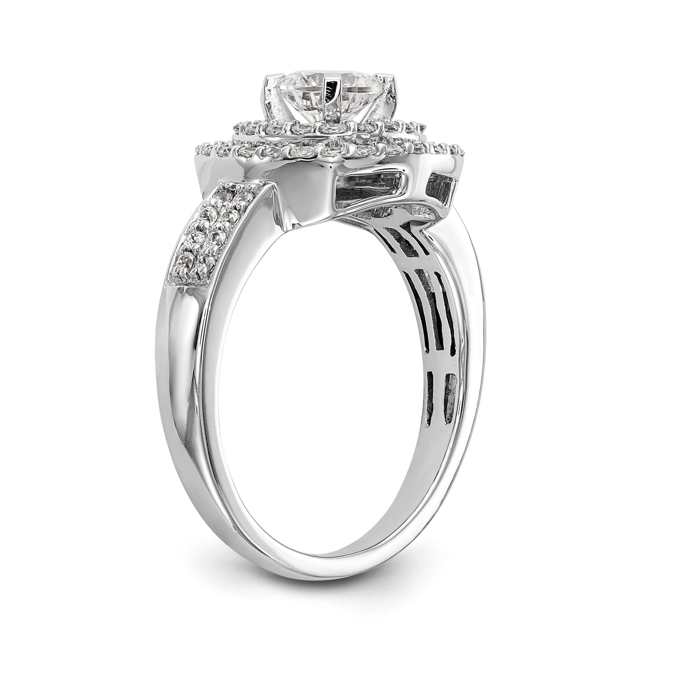 14K Verlobungsring mit doppeltem Kissenschliff-Halo aus simulierten Diamanten, Krappenfassung