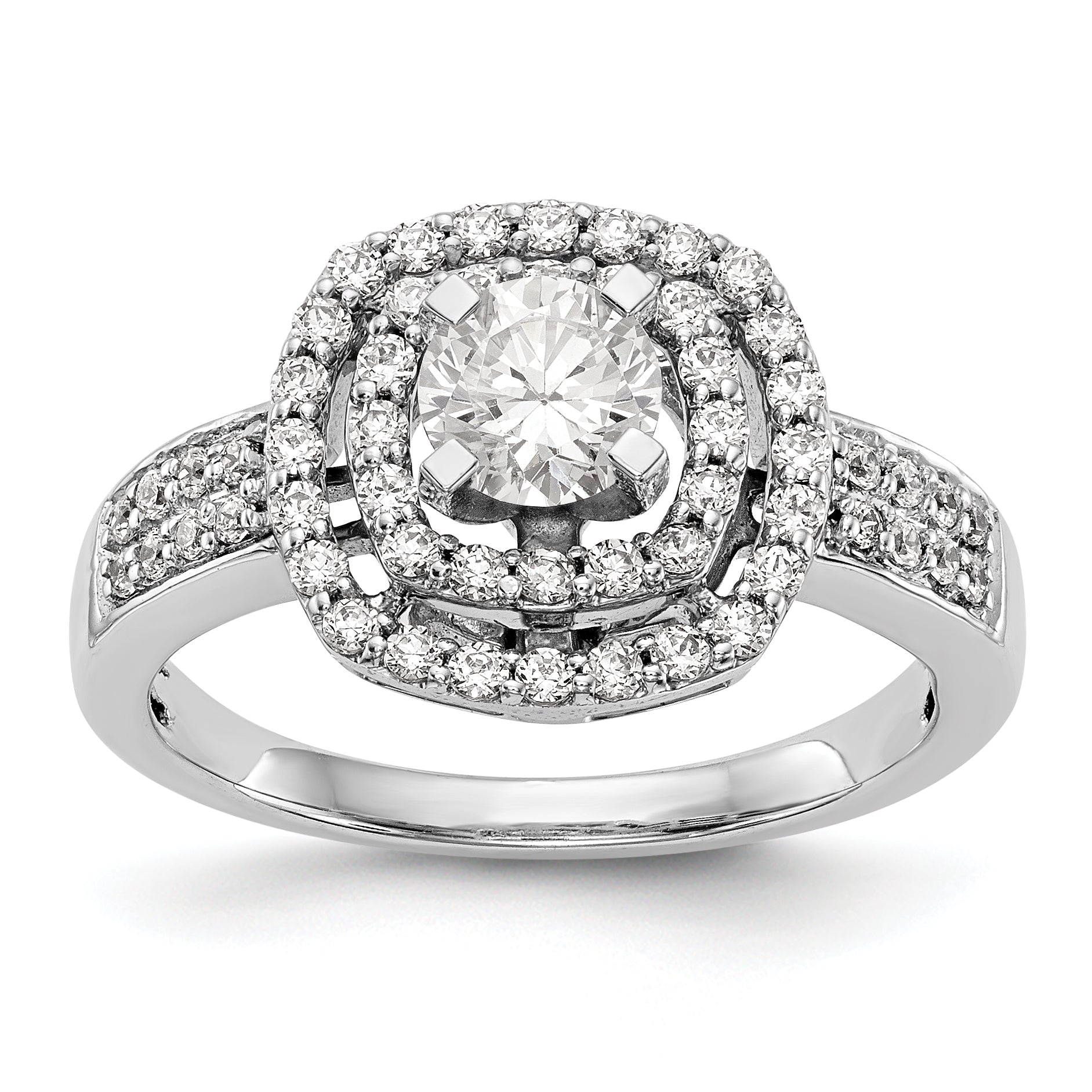 14K Verlobungsring mit doppeltem Kissenschliff-Halo aus simulierten Diamanten, Krappenfassung
