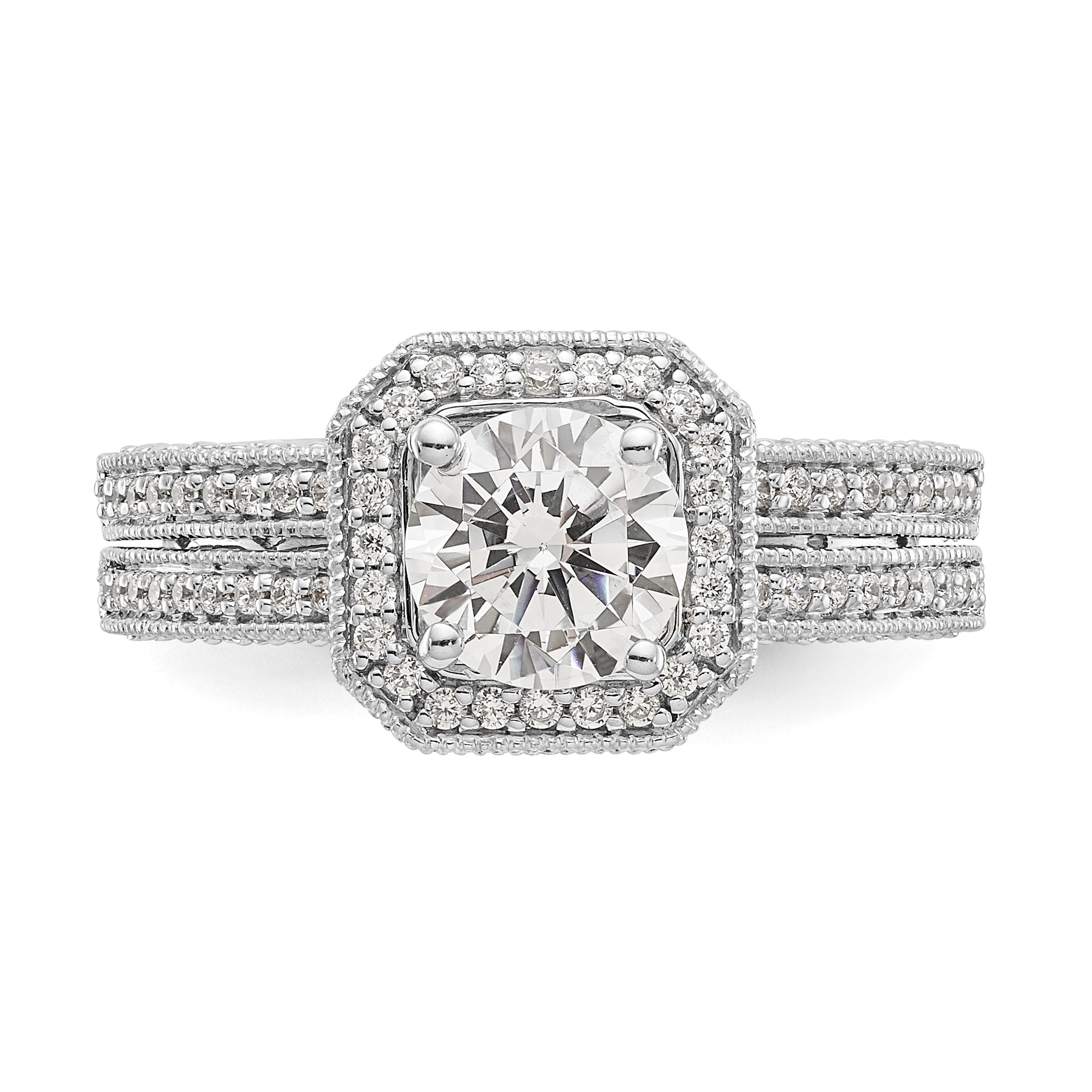 14K Weißgold Verlobungsring mit rundem simuliertem Diamanten und Kissen-Halo