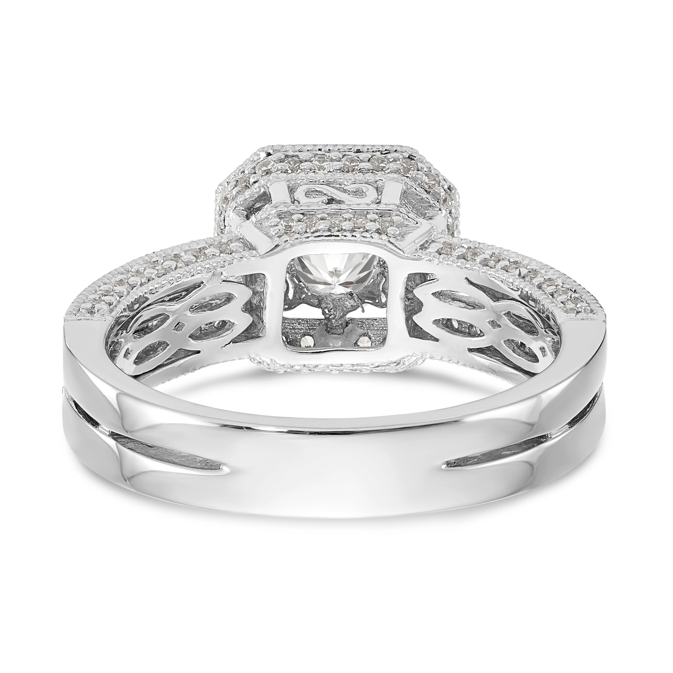 14K Weißgold Verlobungsring mit rundem simuliertem Diamanten und Kissen-Halo