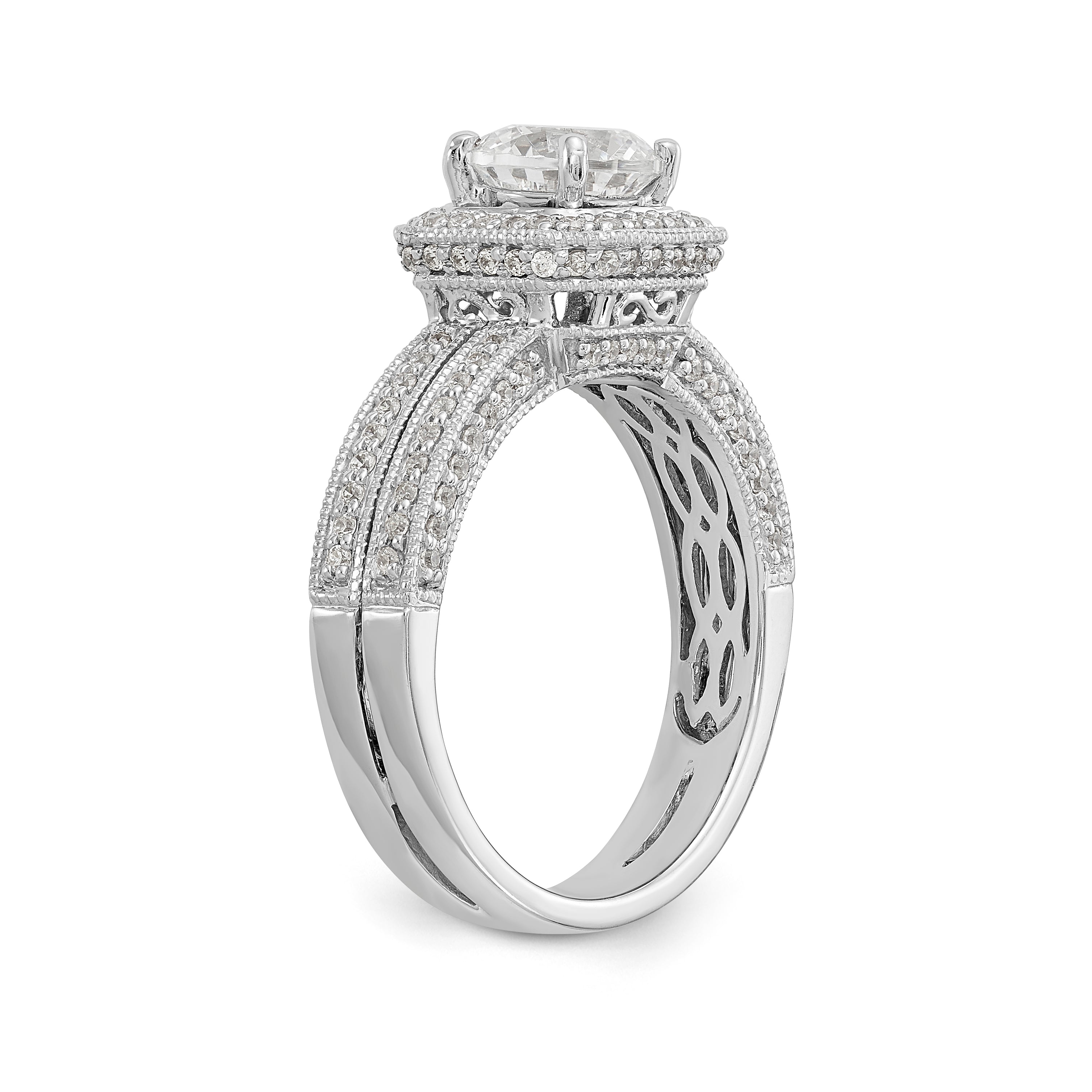 14K Weißgold Verlobungsring mit rundem simuliertem Diamanten und Kissen-Halo