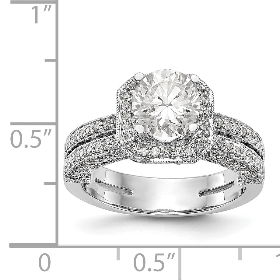 14K Weißgold Verlobungsring mit rundem simuliertem Diamanten und Kissen-Halo