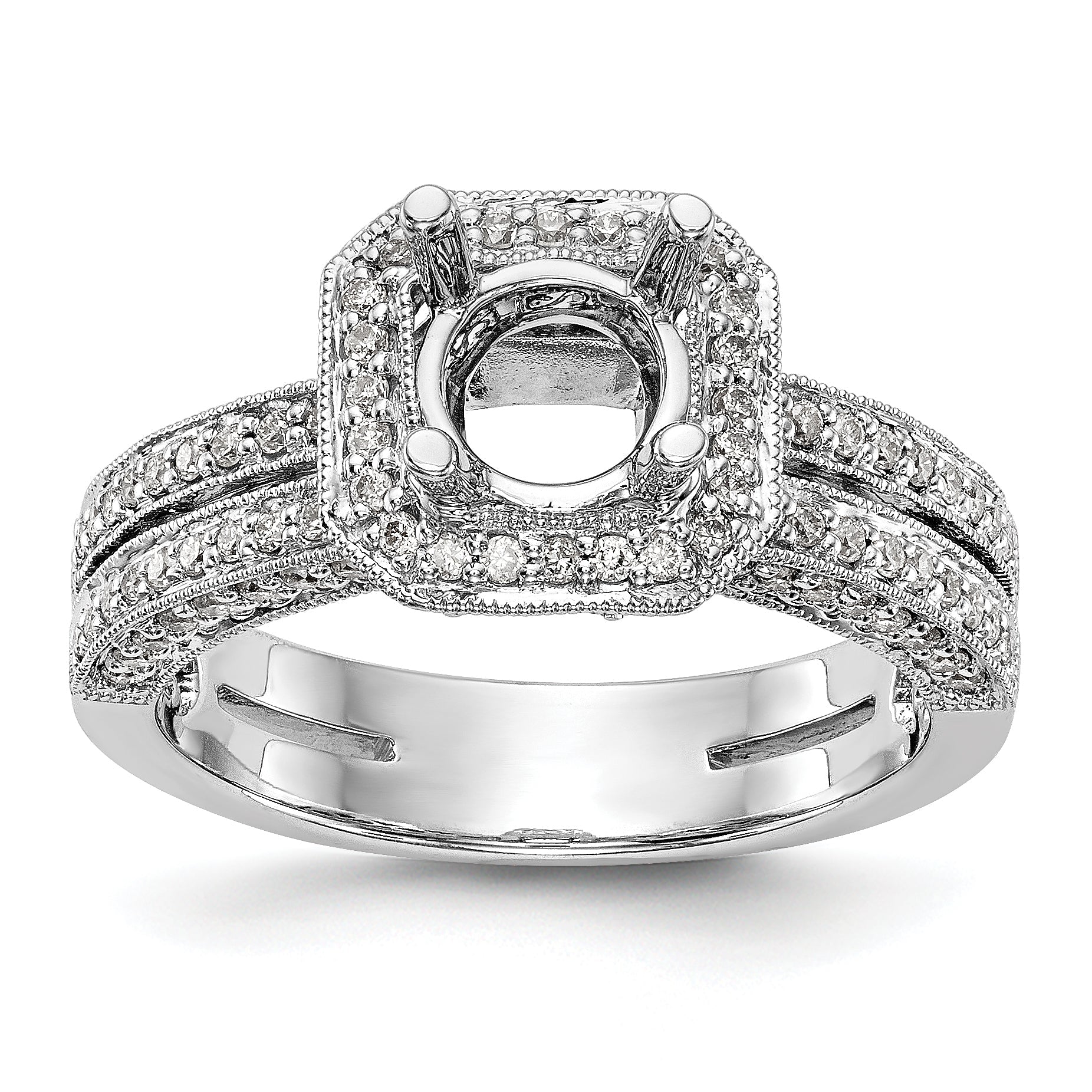 14K Weißgold Verlobungsring mit rundem simuliertem Diamanten und Kissen-Halo