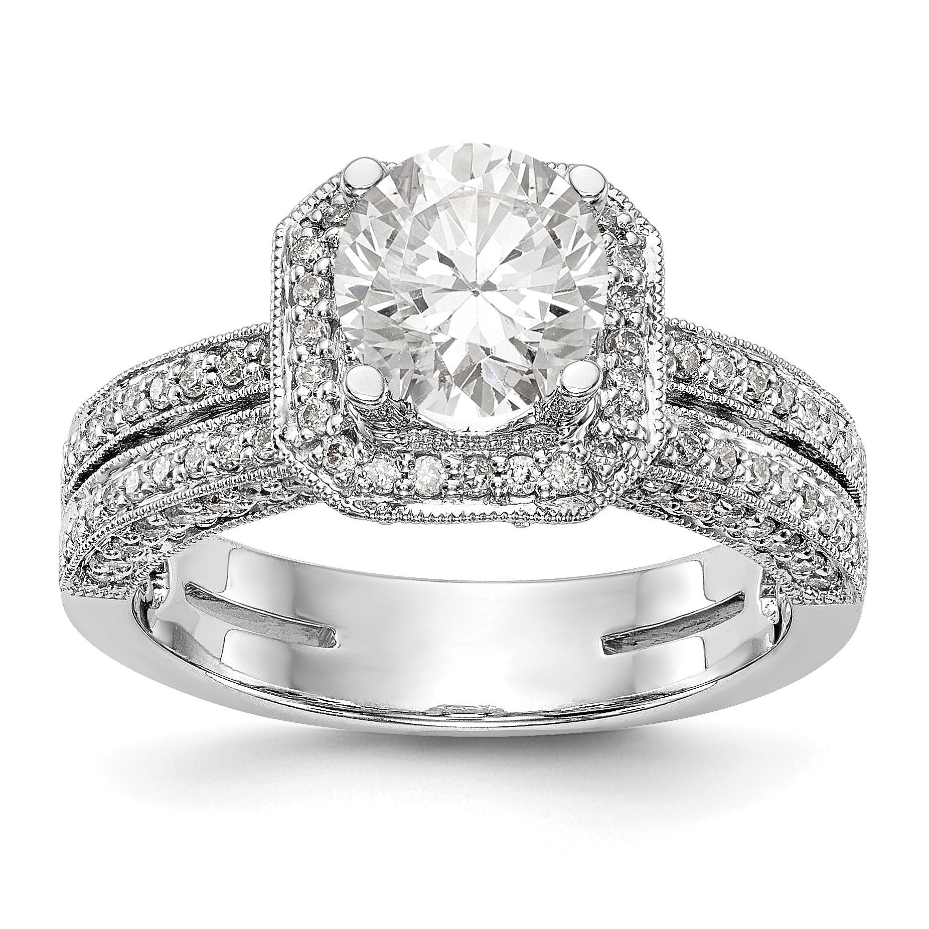 14K Weißgold Verlobungsring mit rundem simuliertem Diamanten und Kissen-Halo
