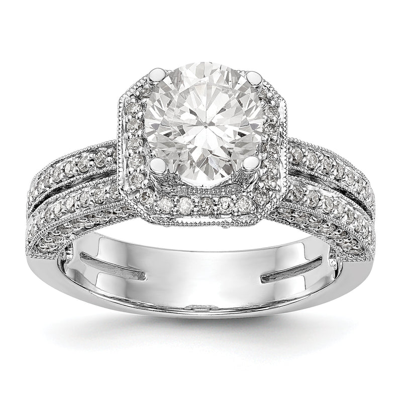 14K Weißgold Verlobungsring mit rundem simuliertem Diamanten und Kissen-Halo