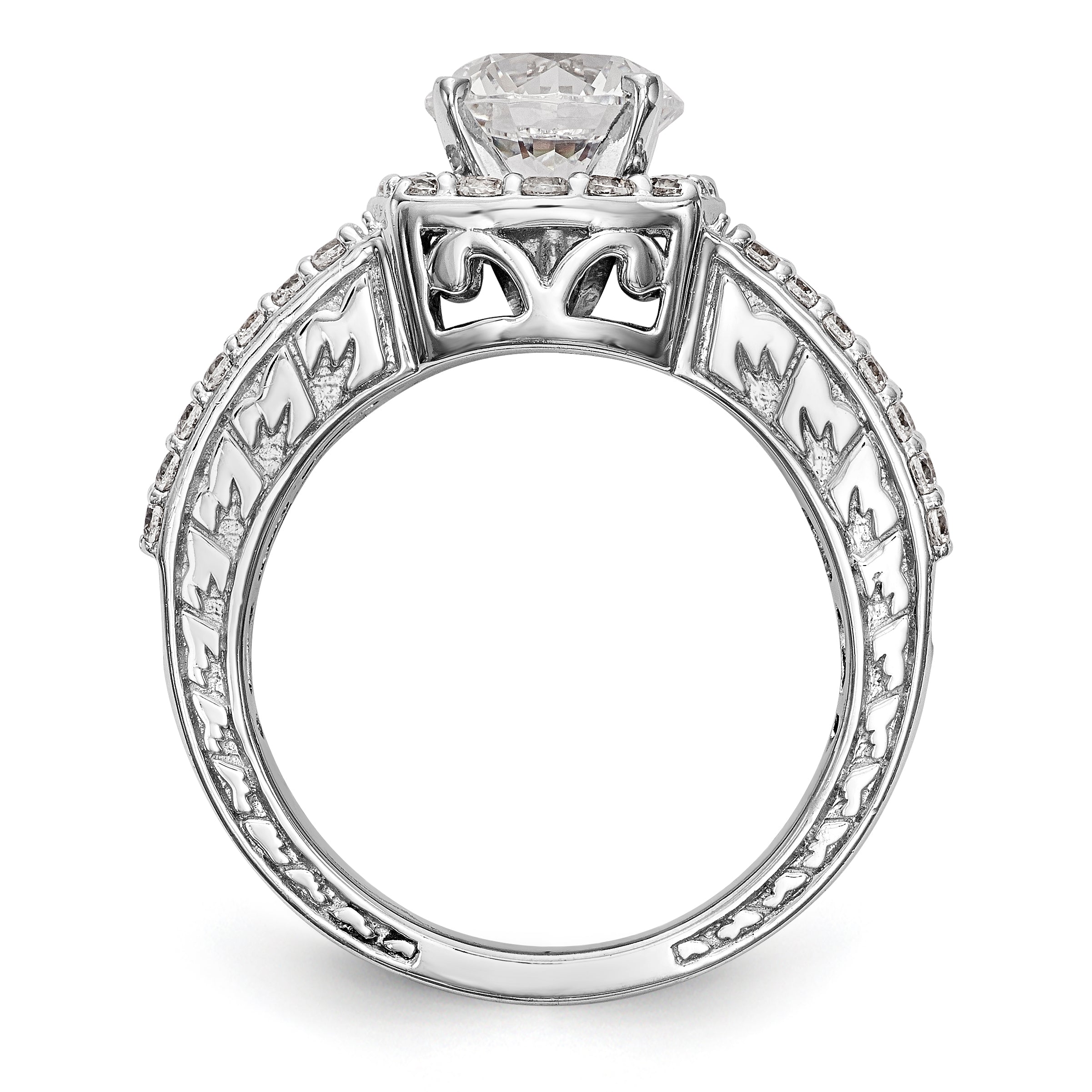 14K Weißgold Verlobungsring mit Kissenschliff-Halo aus simulierten Diamanten in Krappenfassung