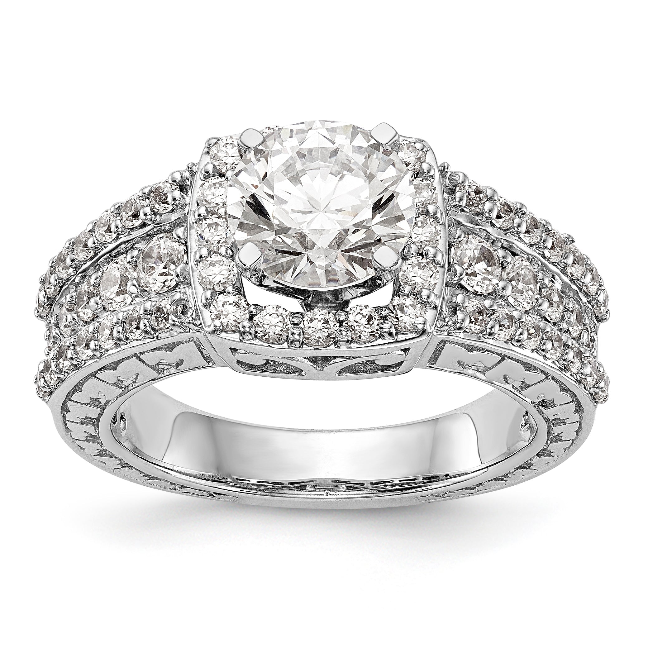 14K Weißgold Verlobungsring mit Kissenschliff-Halo aus simulierten Diamanten in Krappenfassung
