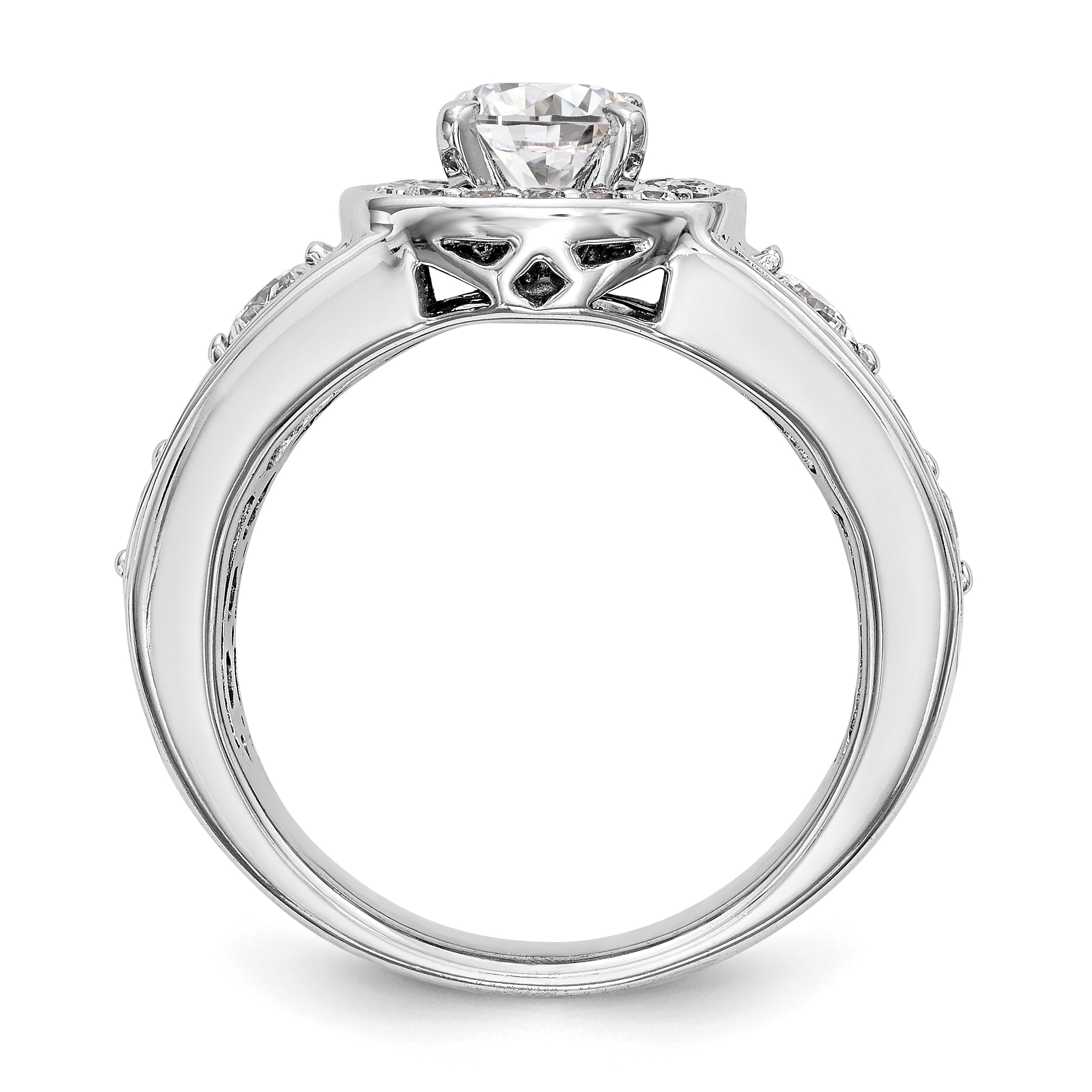 Verlobungsring mit Fantasie-Halo, simuliertem Diamanten und Krappenfassung aus 14K Weißgold