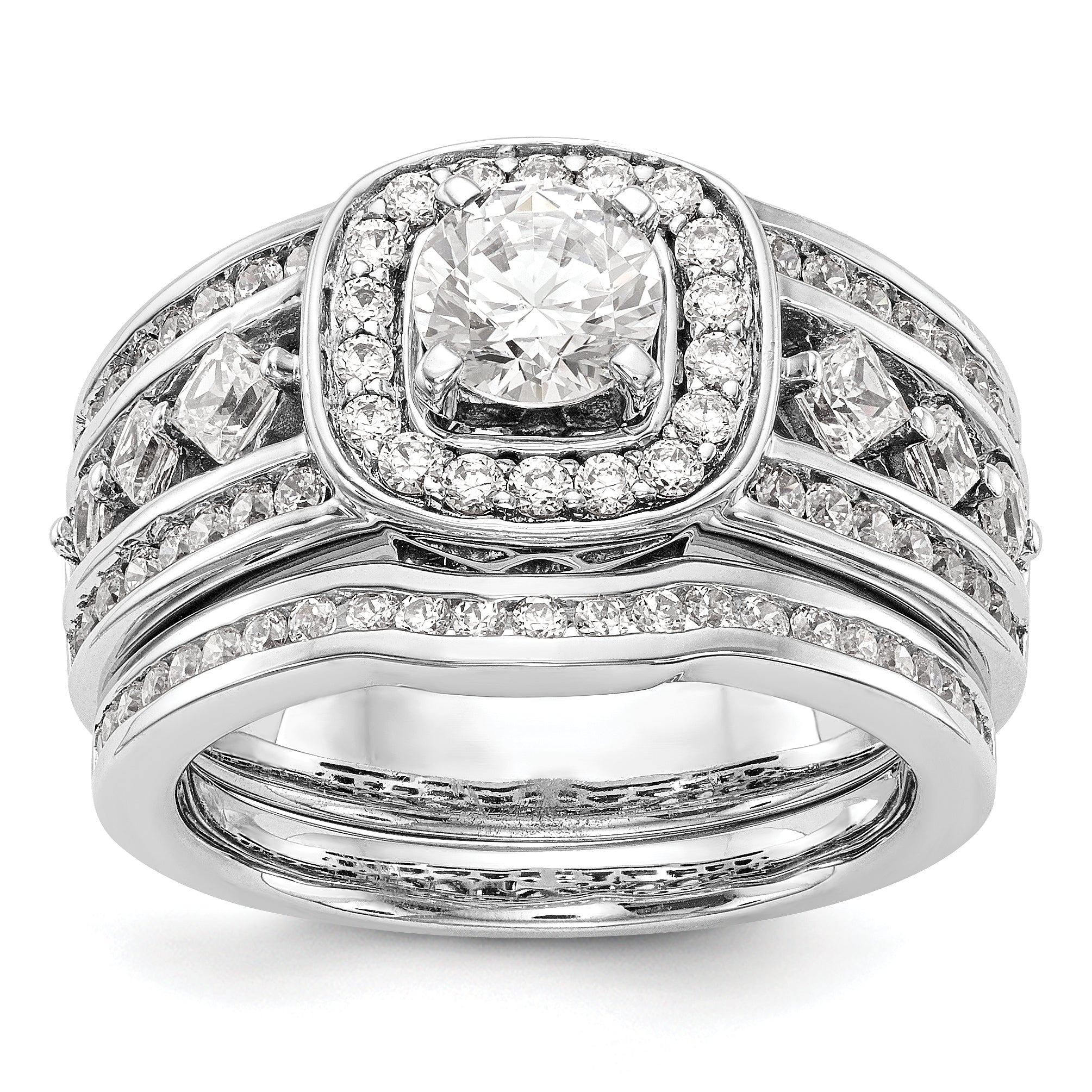 Verlobungsring mit Fantasie-Halo, simuliertem Diamanten und Krappenfassung aus 14K Weißgold