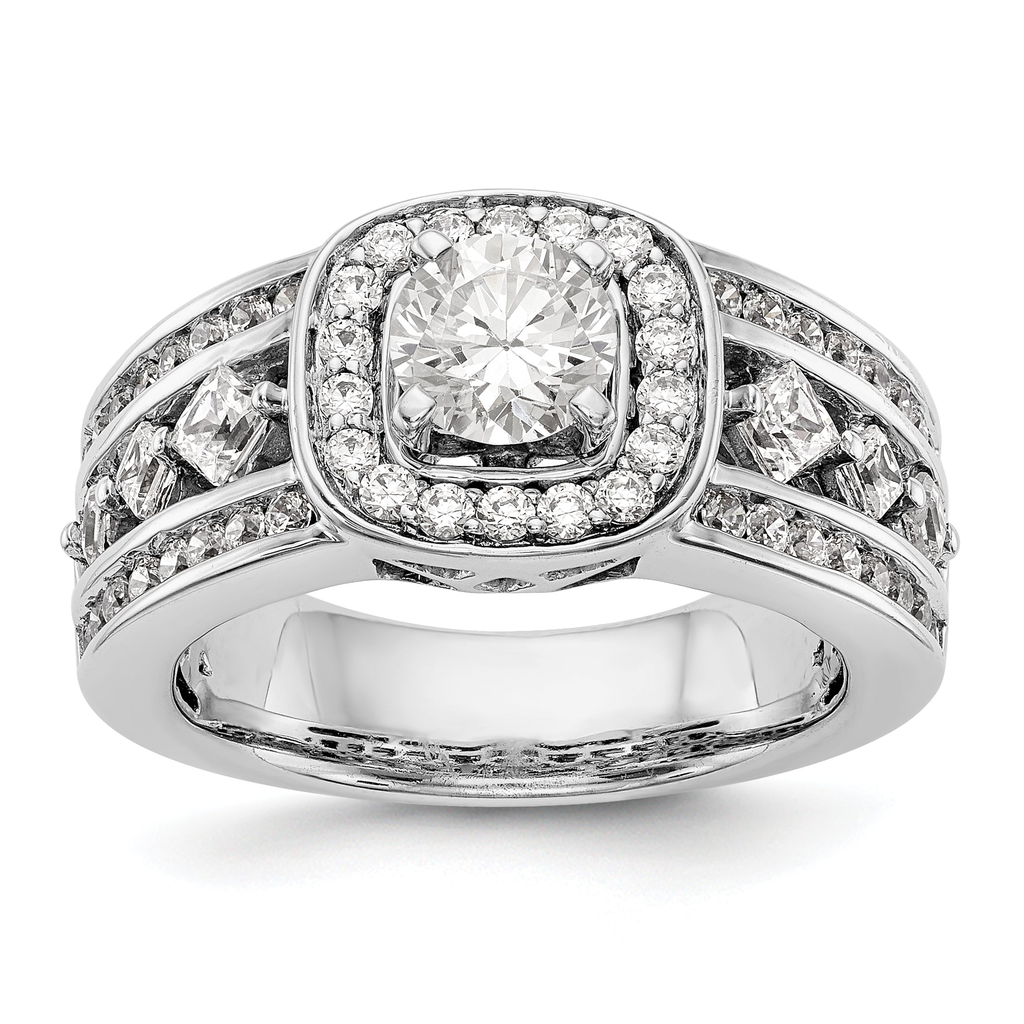 Verlobungsring mit Fantasie-Halo, simuliertem Diamanten und Krappenfassung aus 14K Weißgold