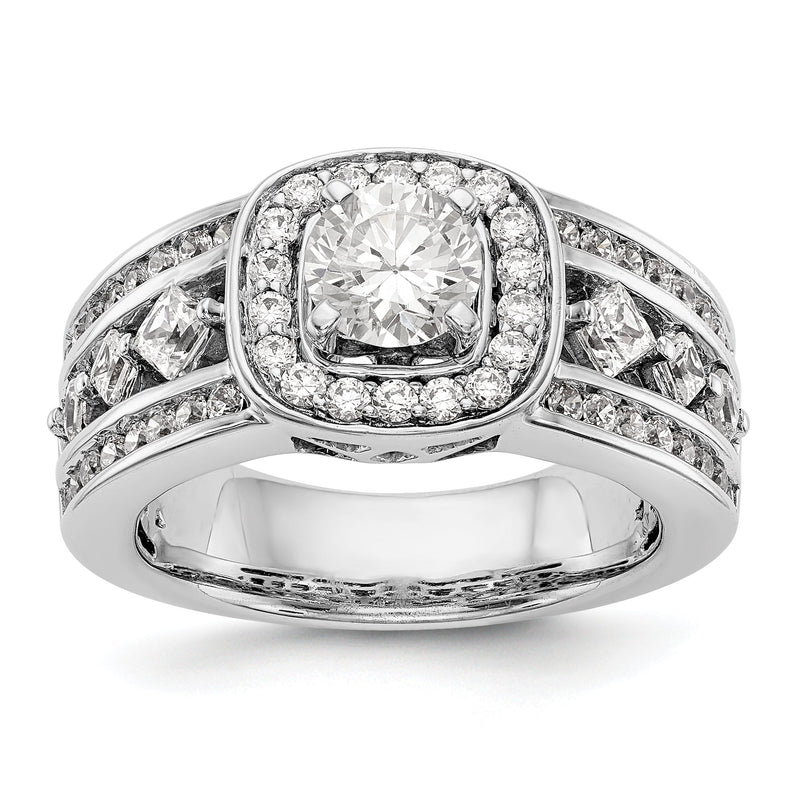 Verlobungsring mit Fantasie-Halo, simuliertem Diamanten und Krappenfassung aus 14K Weißgold