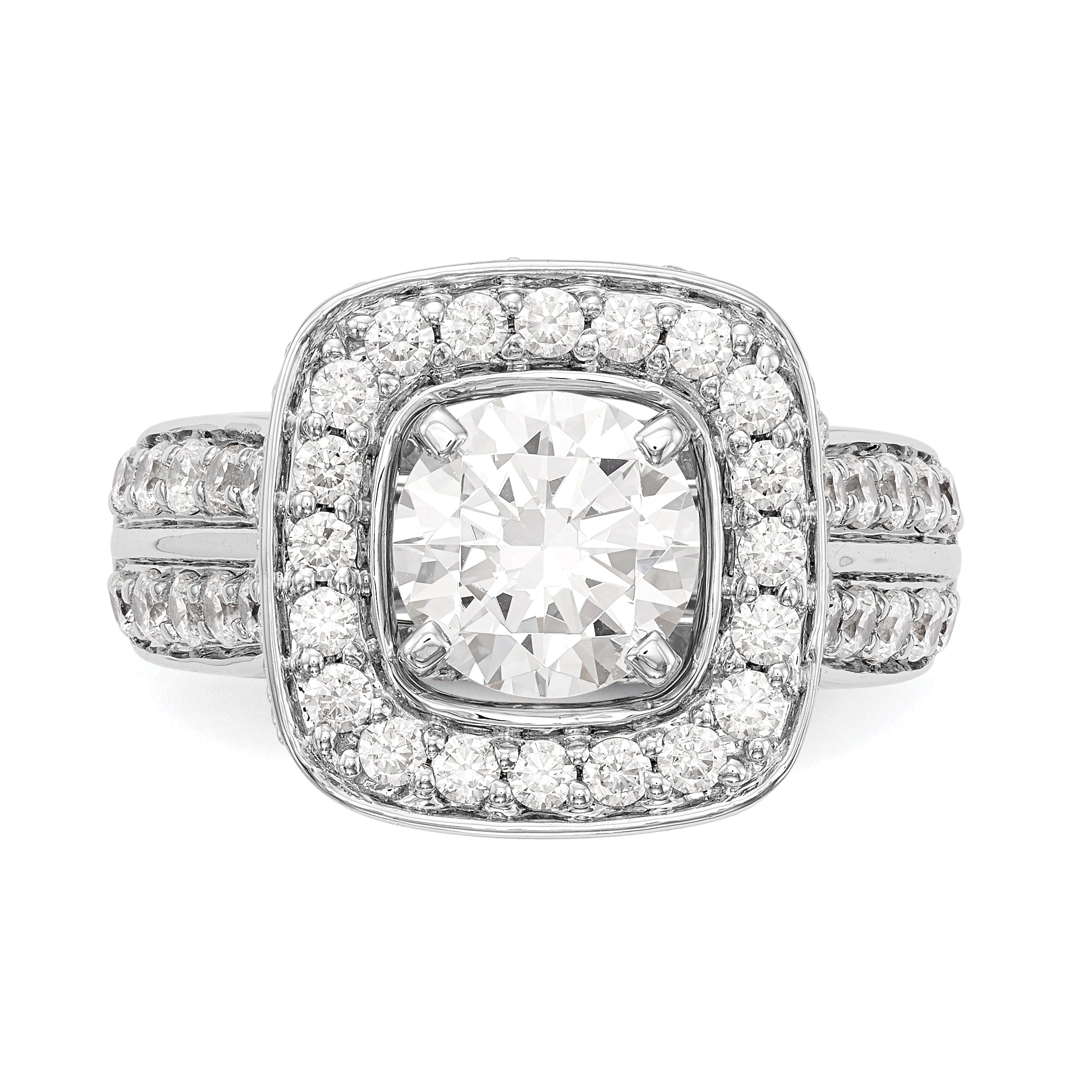Verlobungsring aus 14K Weißgold mit Krappenfassung, simuliertem Diamant im Kissenschliff und Halo