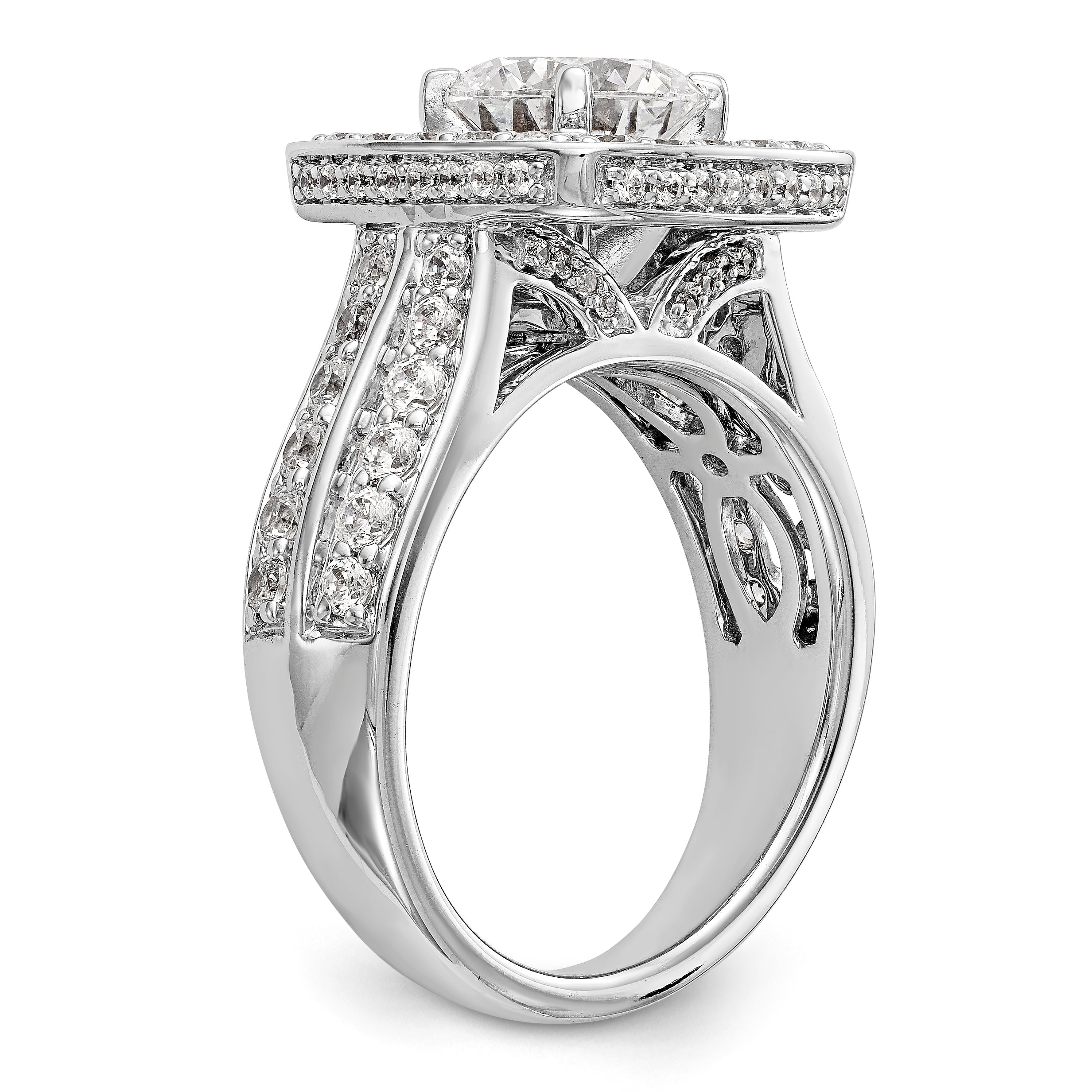 Verlobungsring aus 14K Weißgold mit Krappenfassung, simuliertem Diamant im Kissenschliff und Halo