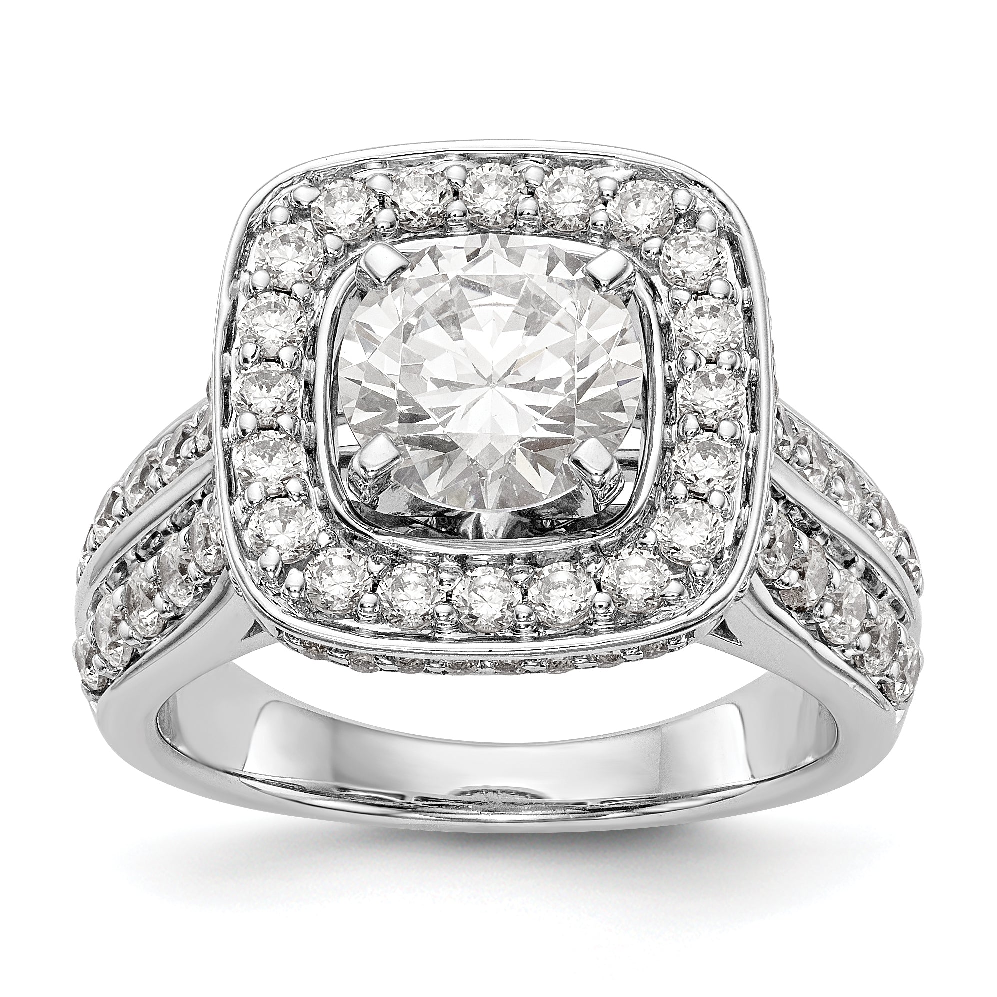 Verlobungsring aus 14K Weißgold mit Krappenfassung, simuliertem Diamant im Kissenschliff und Halo