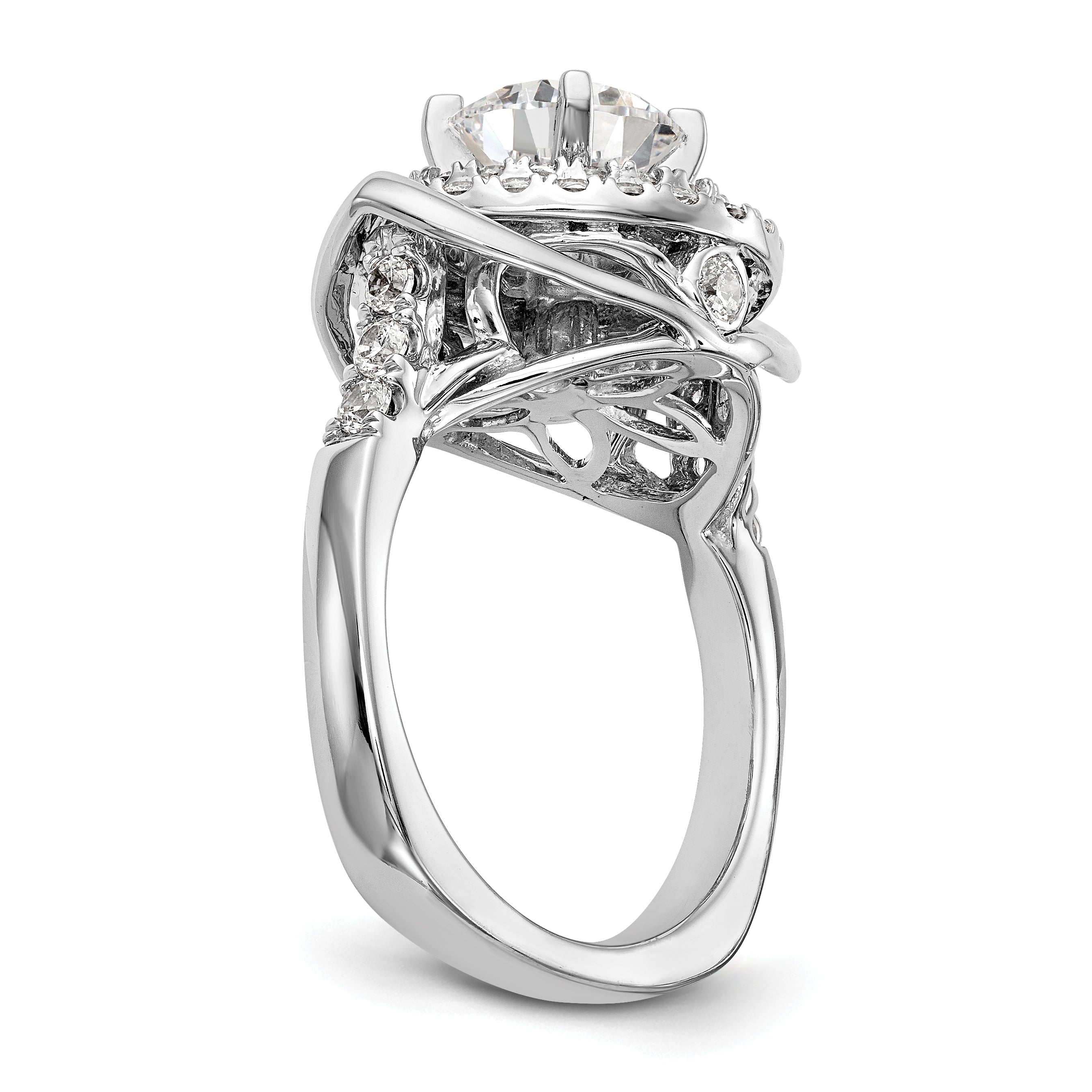 14 Karat Weißgold Verlobungsring mit Krappenfassung, simuliertem Diamanten im Fantasieschliff und doppeltem Halo