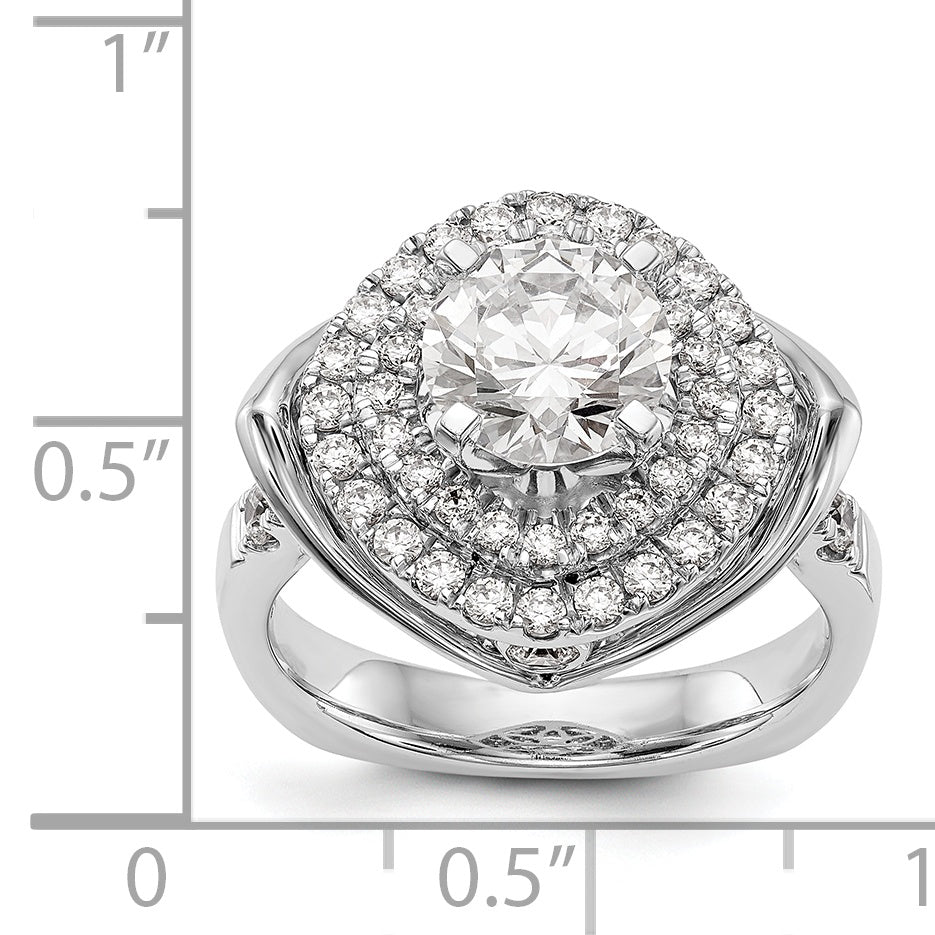 14 Karat Weißgold Verlobungsring mit Krappenfassung, simuliertem Diamanten im Fantasieschliff und doppeltem Halo