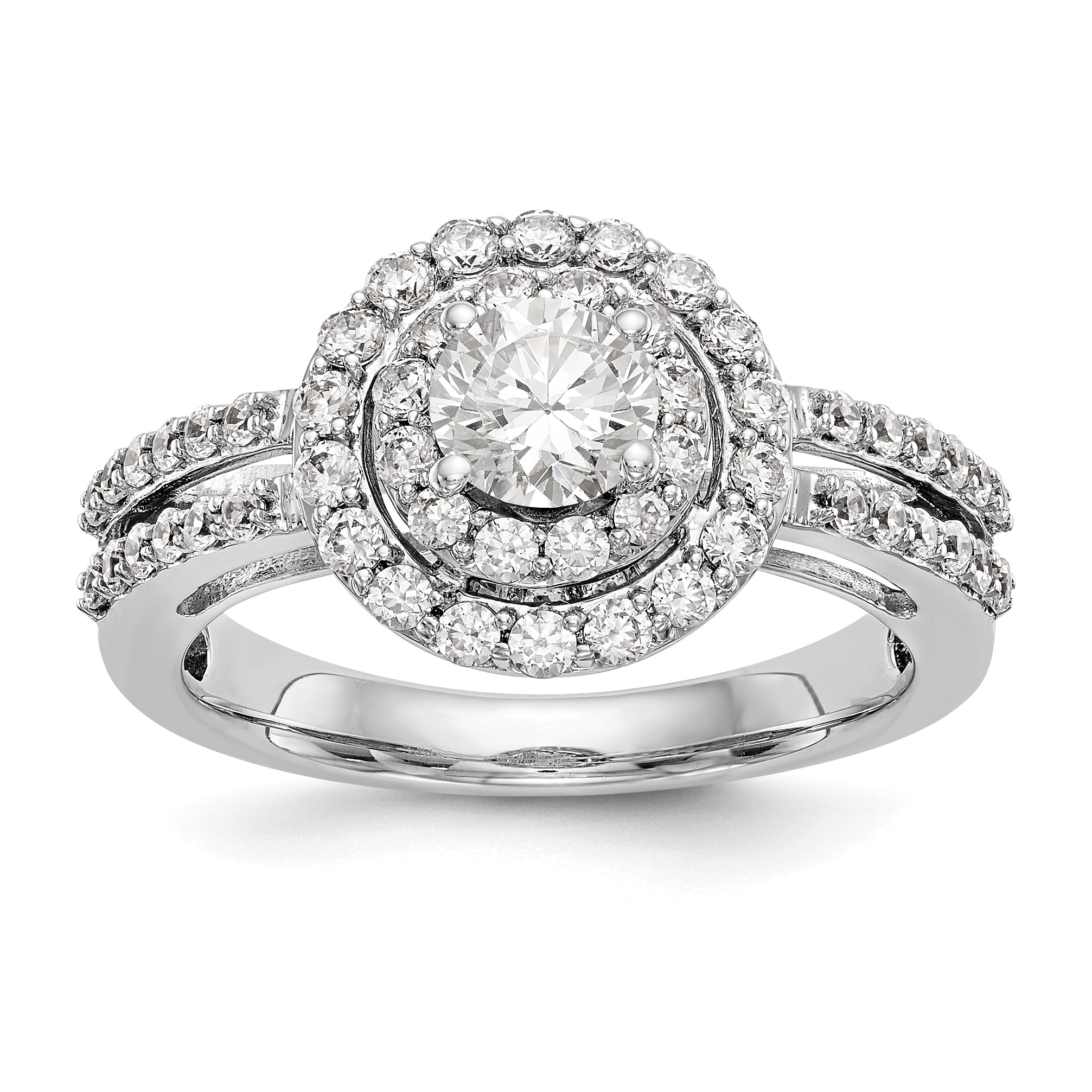 14K Weißgold Verlobungsring mit rundem simuliertem Diamanten und Halo