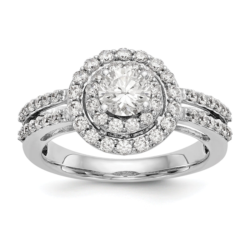 14K Weißgold Verlobungsring mit rundem simuliertem Diamanten und Halo