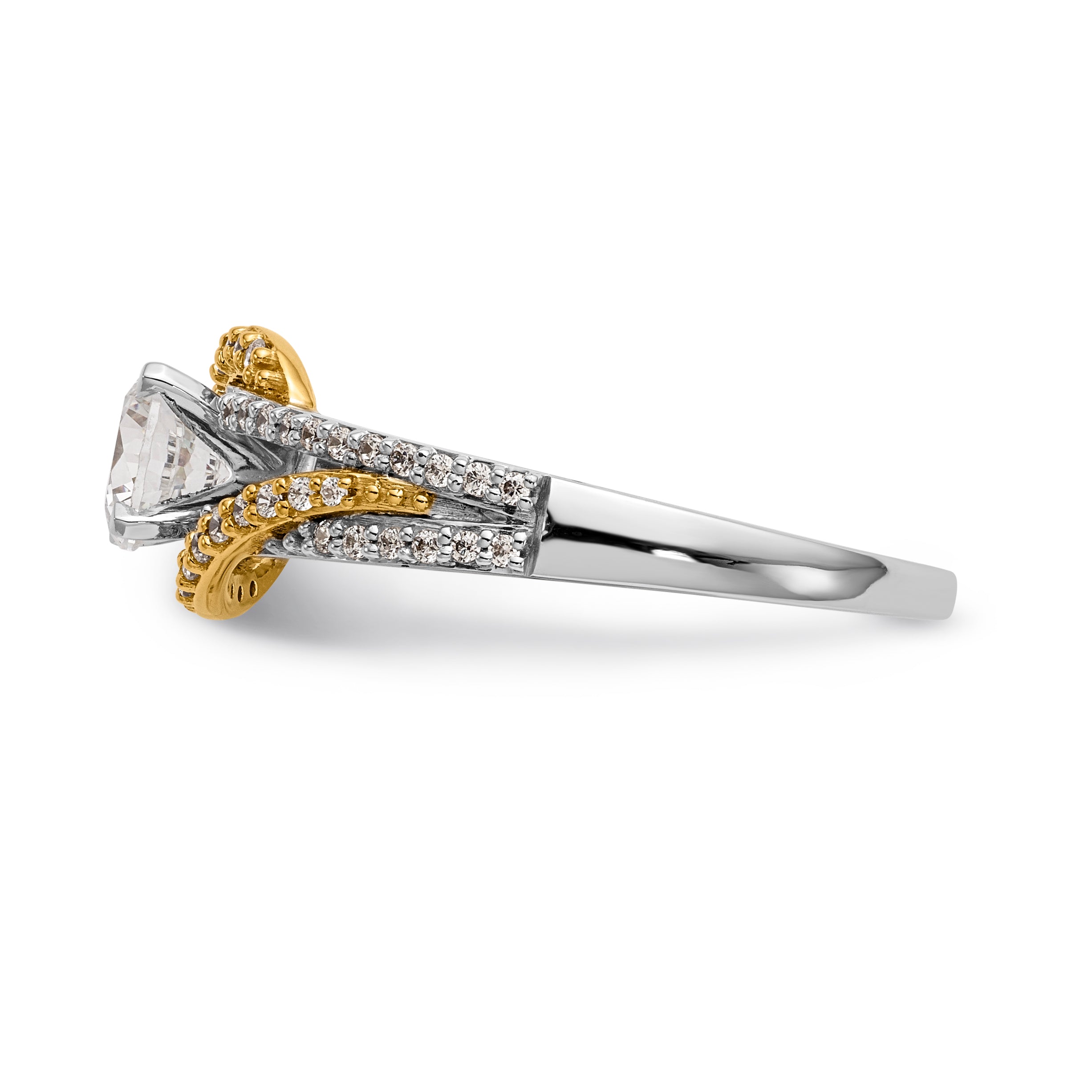 14K Bicolor-Gold Verlobungsring mit Krappenfassung, Kreuzdesign und Zirkonia