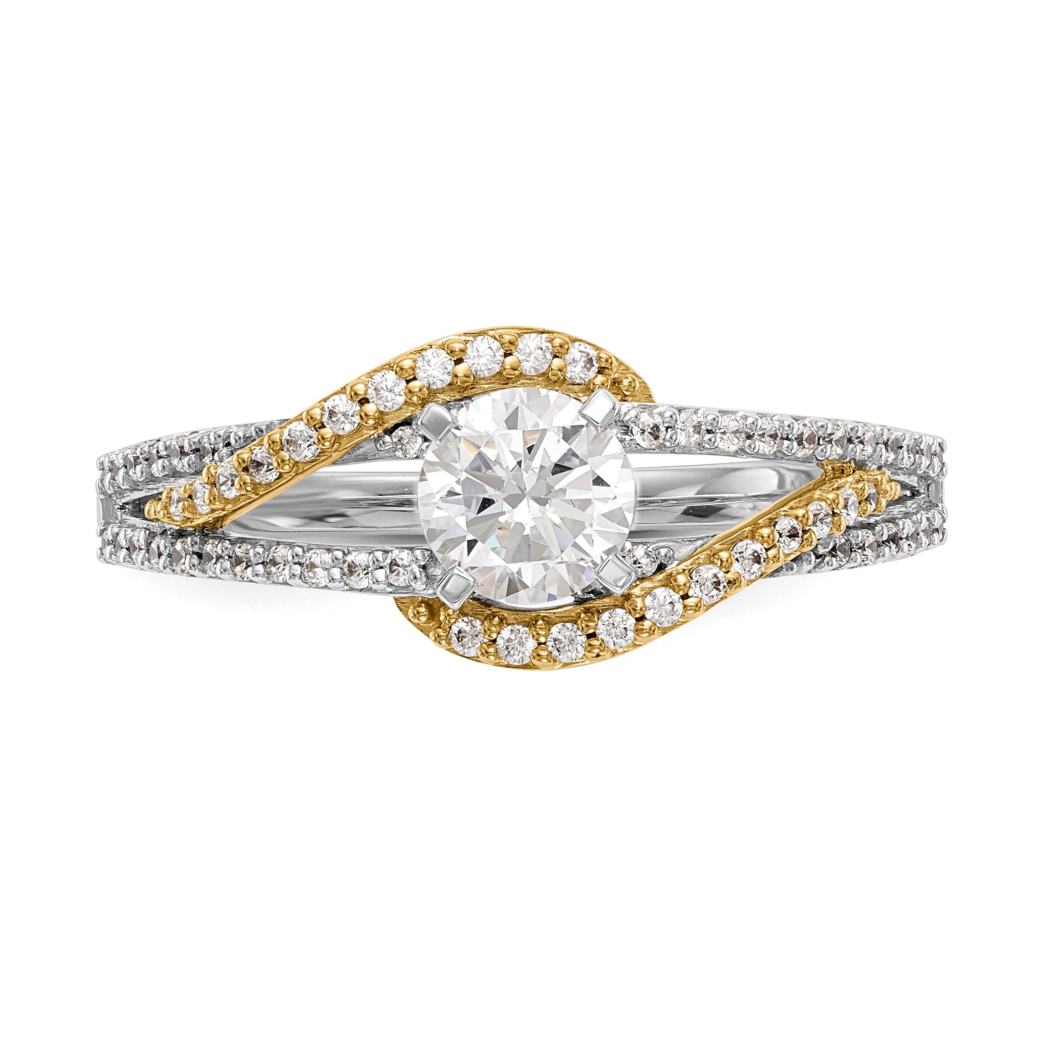 14K Bicolor-Gold Verlobungsring mit Krappenfassung, Kreuzdesign und Zirkonia