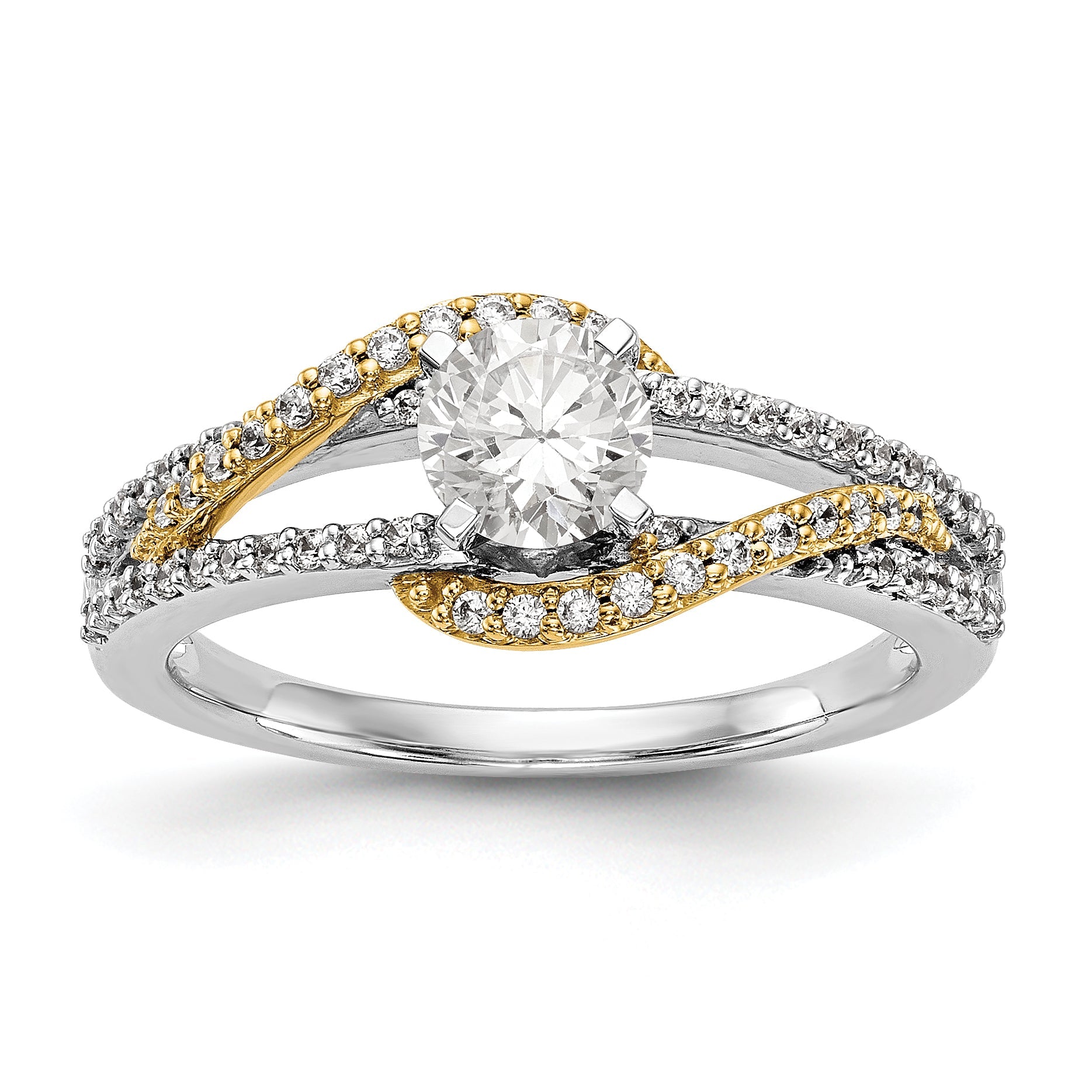 14K Bicolor-Gold Verlobungsring mit Krappenfassung, Kreuzdesign und Zirkonia