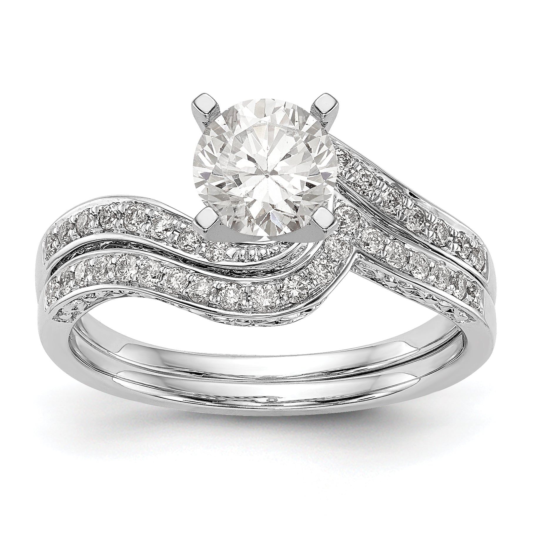 Verlobungsring aus 14K Weißgold mit Krappenfassung, Bypass-Design und simuliertem Diamanten