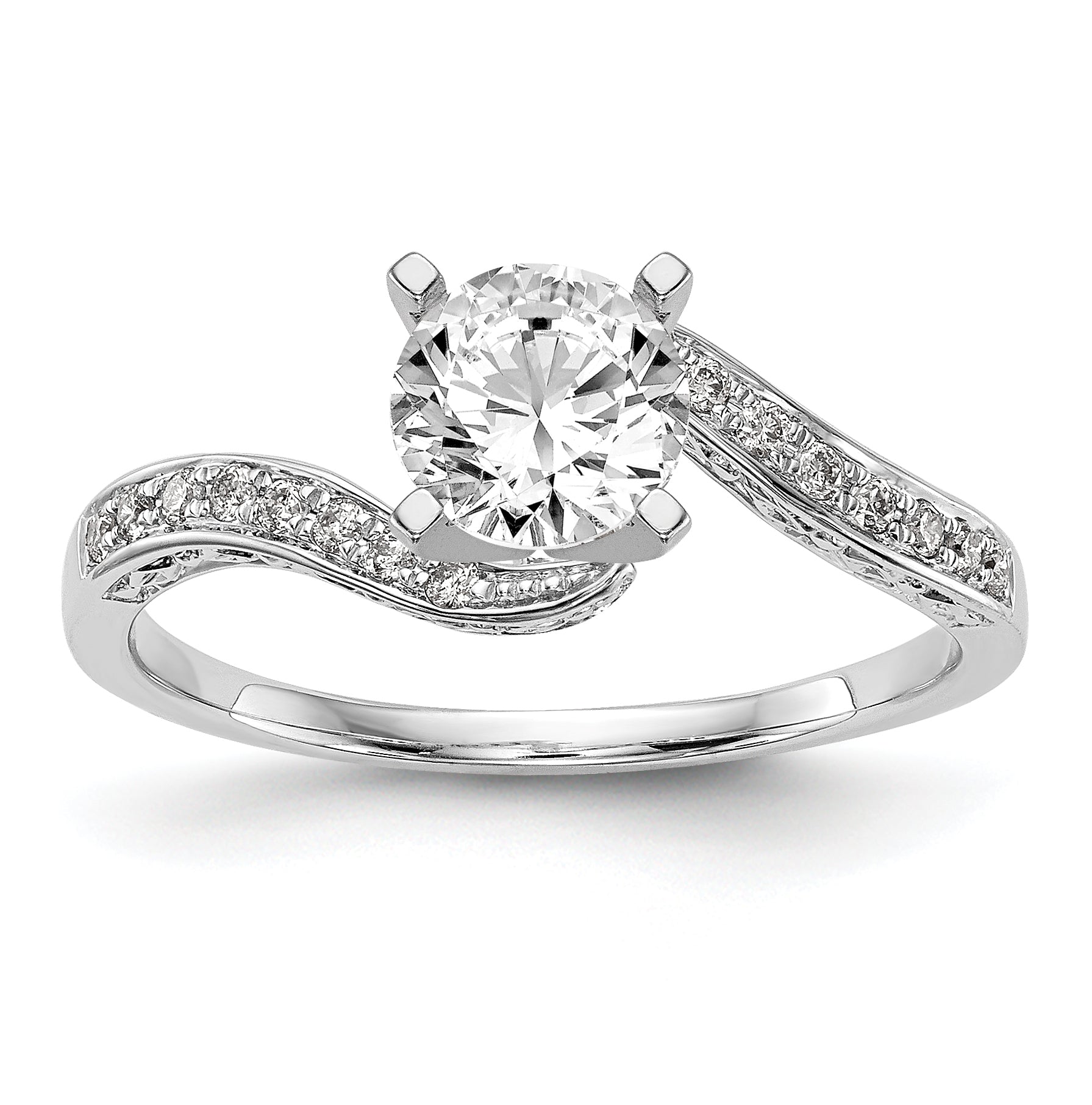 Verlobungsring aus 14K Weißgold mit Krappenfassung, Bypass-Design und simuliertem Diamanten