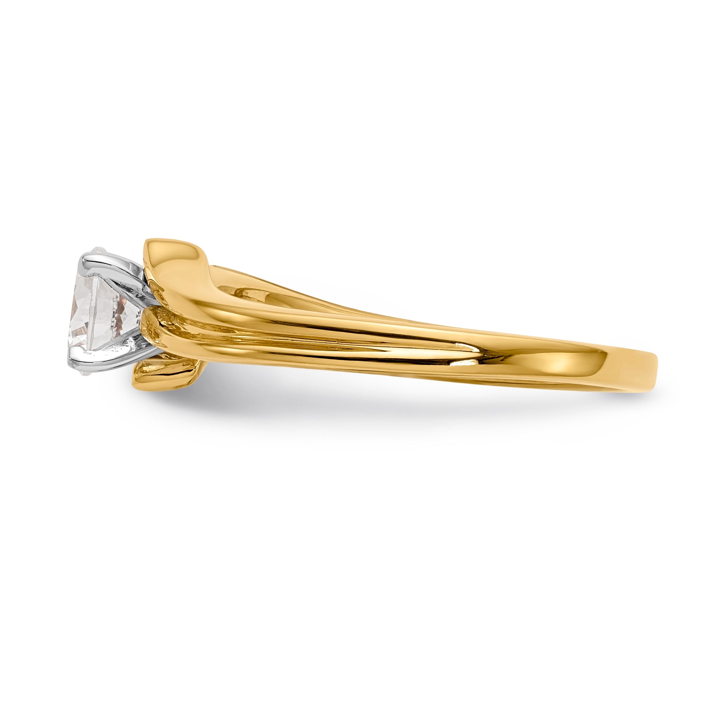 Verlobungsring mit Krappenfassung und simulierten Diamanten im Überkreuz-Design aus 14 Karat Gelbgold