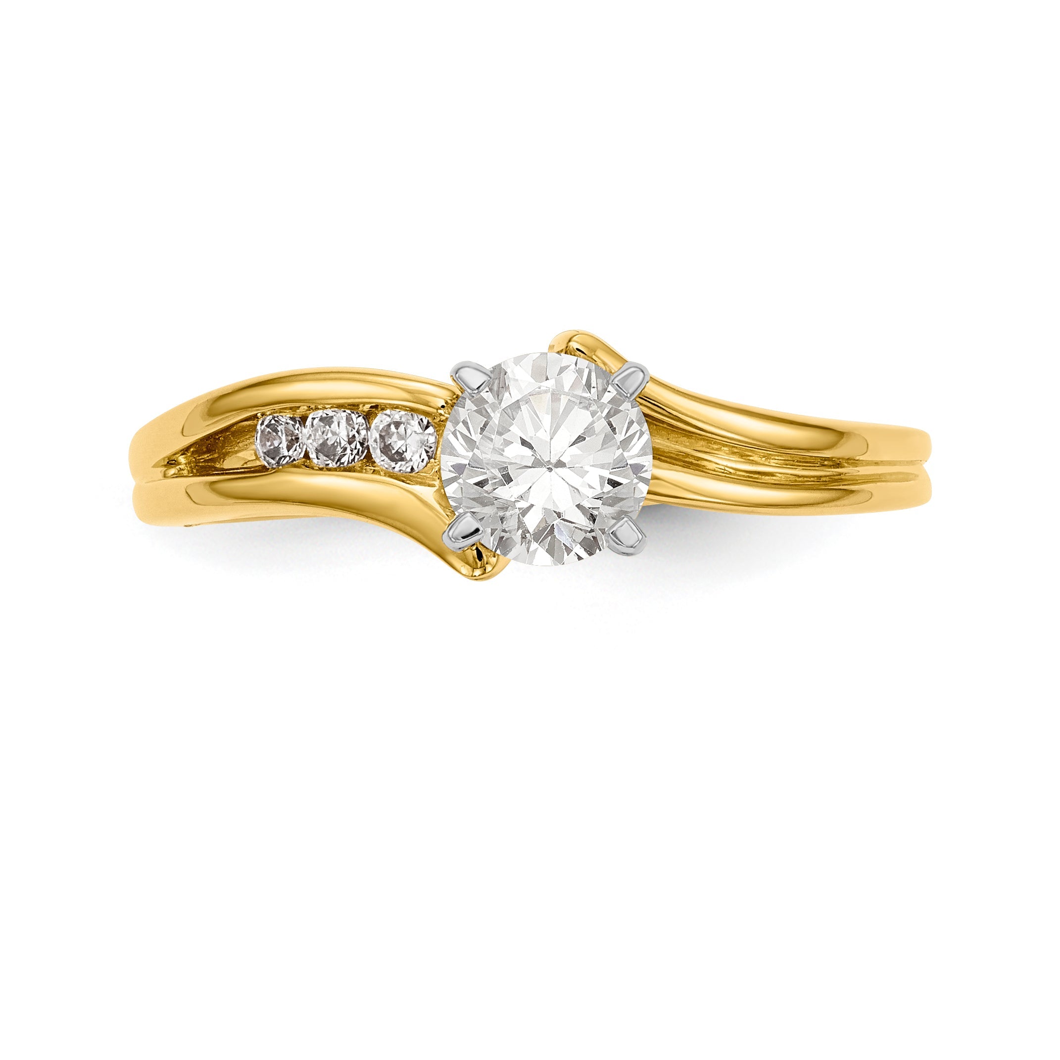 Verlobungsring mit Krappenfassung und simulierten Diamanten im Überkreuz-Design aus 14 Karat Gelbgold