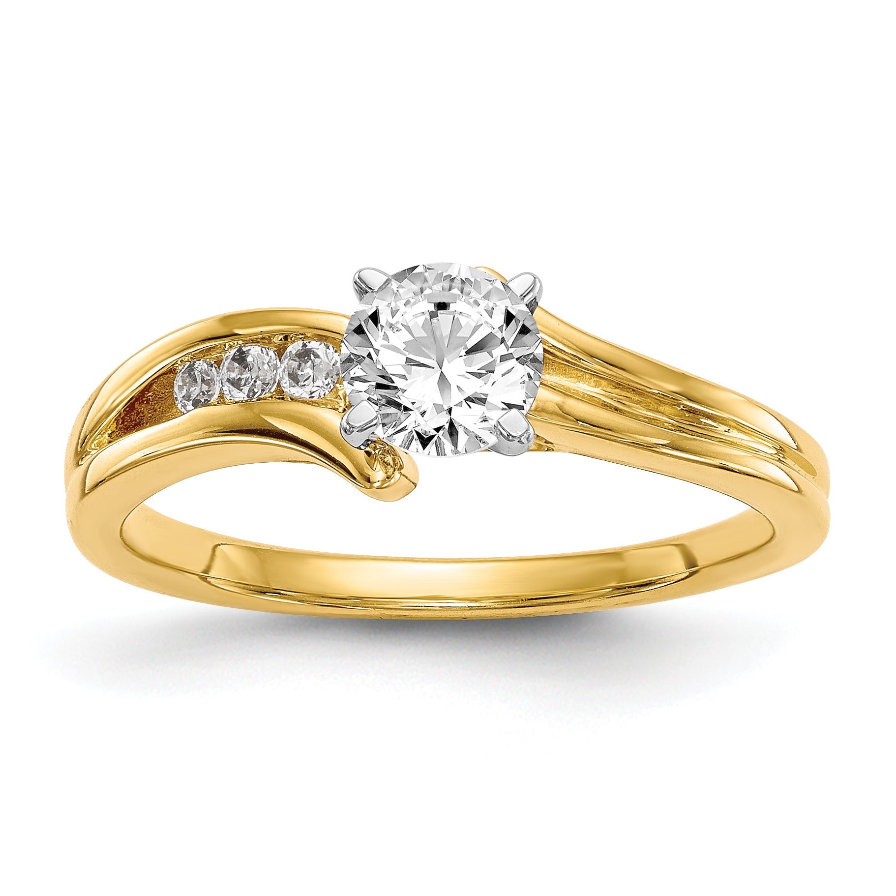 Verlobungsring mit Krappenfassung und simulierten Diamanten im Überkreuz-Design aus 14 Karat Gelbgold