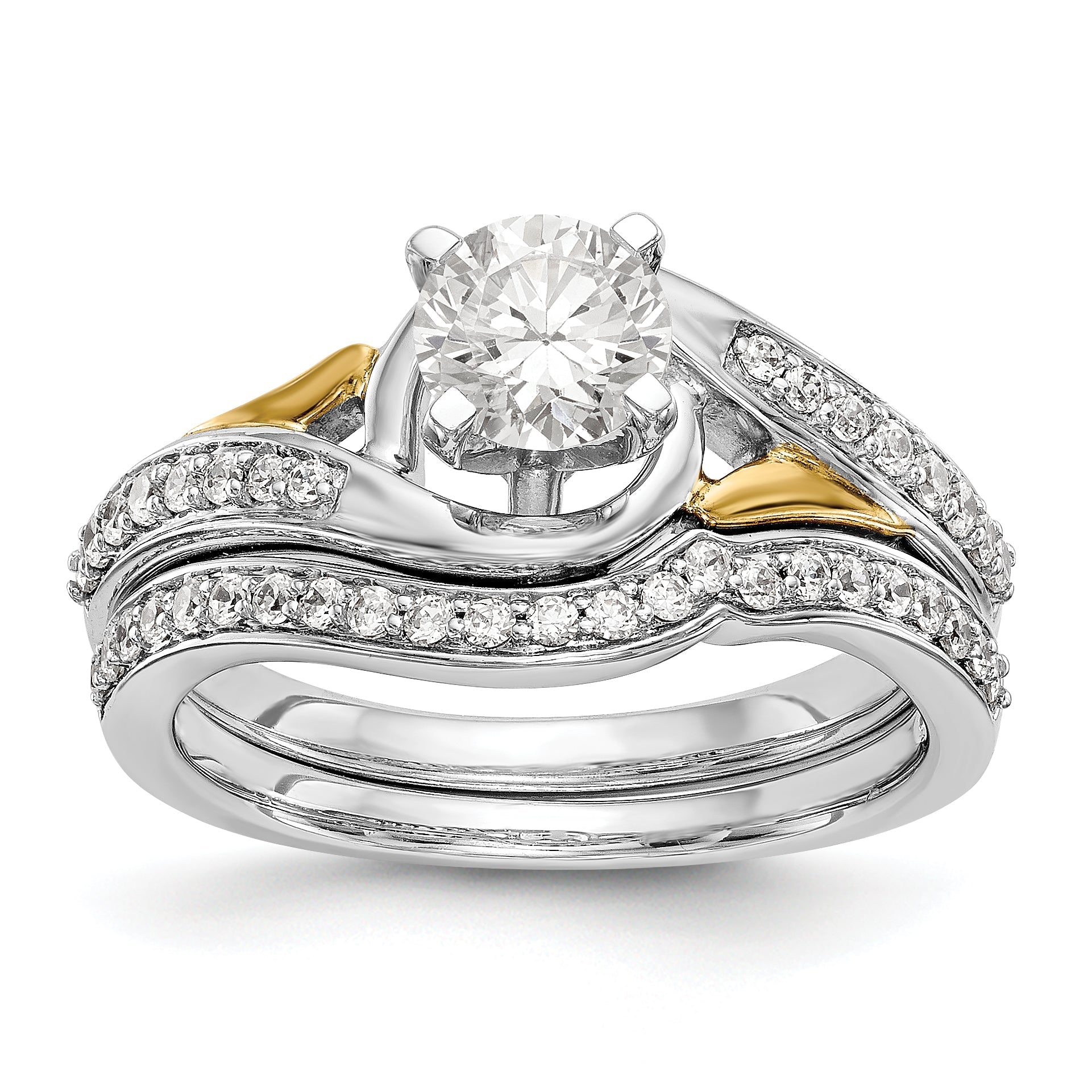 14K Two-Tone Verlobungsring im Bypass-Design mit Krappenfassung und Zirkonia