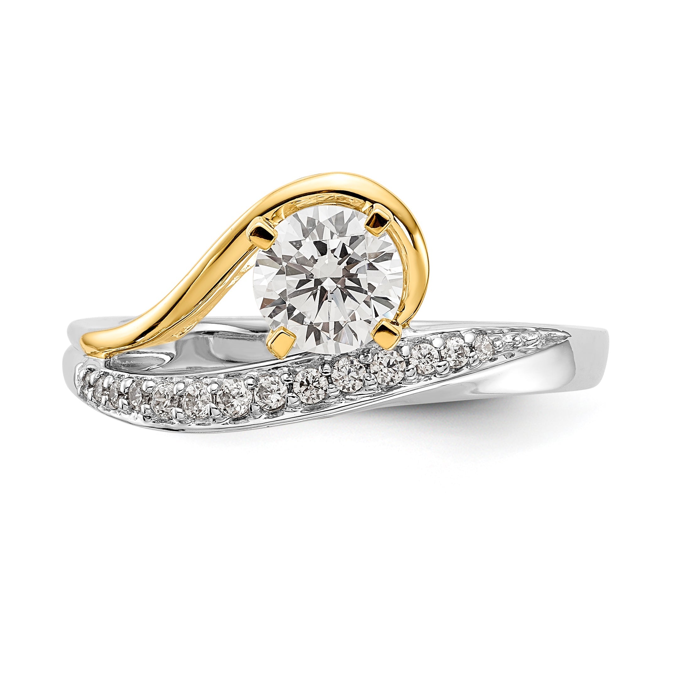 14K Bicolor Verlobungsring mit Krappenfassung und Zirkonia im Überkreuz-Design