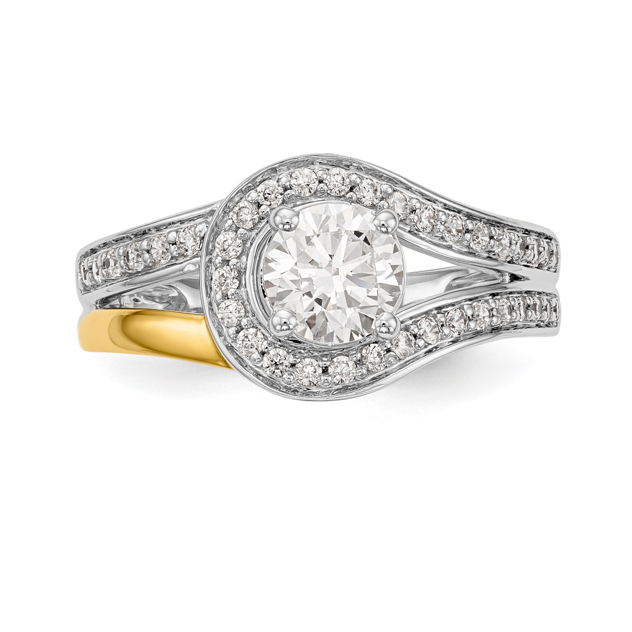 14K Bicolor Verlobungsring mit Peg-Fassung und simuliertem Diamant im Überkreuz-Design