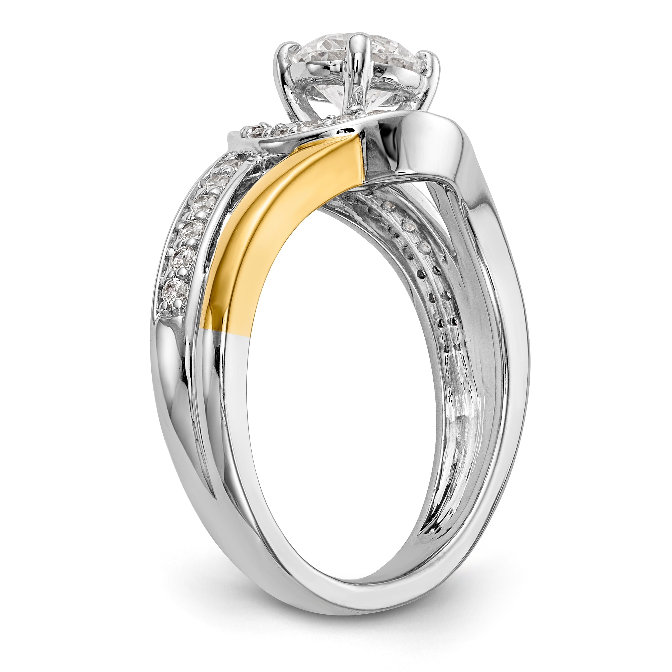 14K Bicolor Verlobungsring mit Peg-Fassung und simuliertem Diamant im Überkreuz-Design