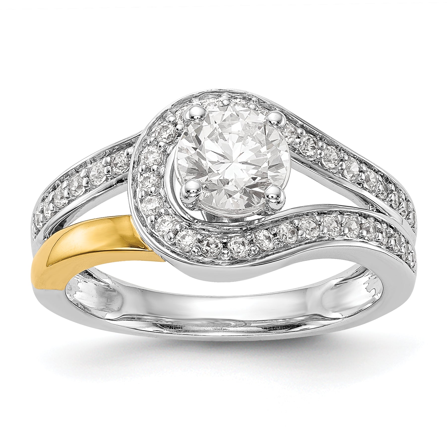 14K Bicolor Verlobungsring mit Peg-Fassung und simuliertem Diamant im Überkreuz-Design