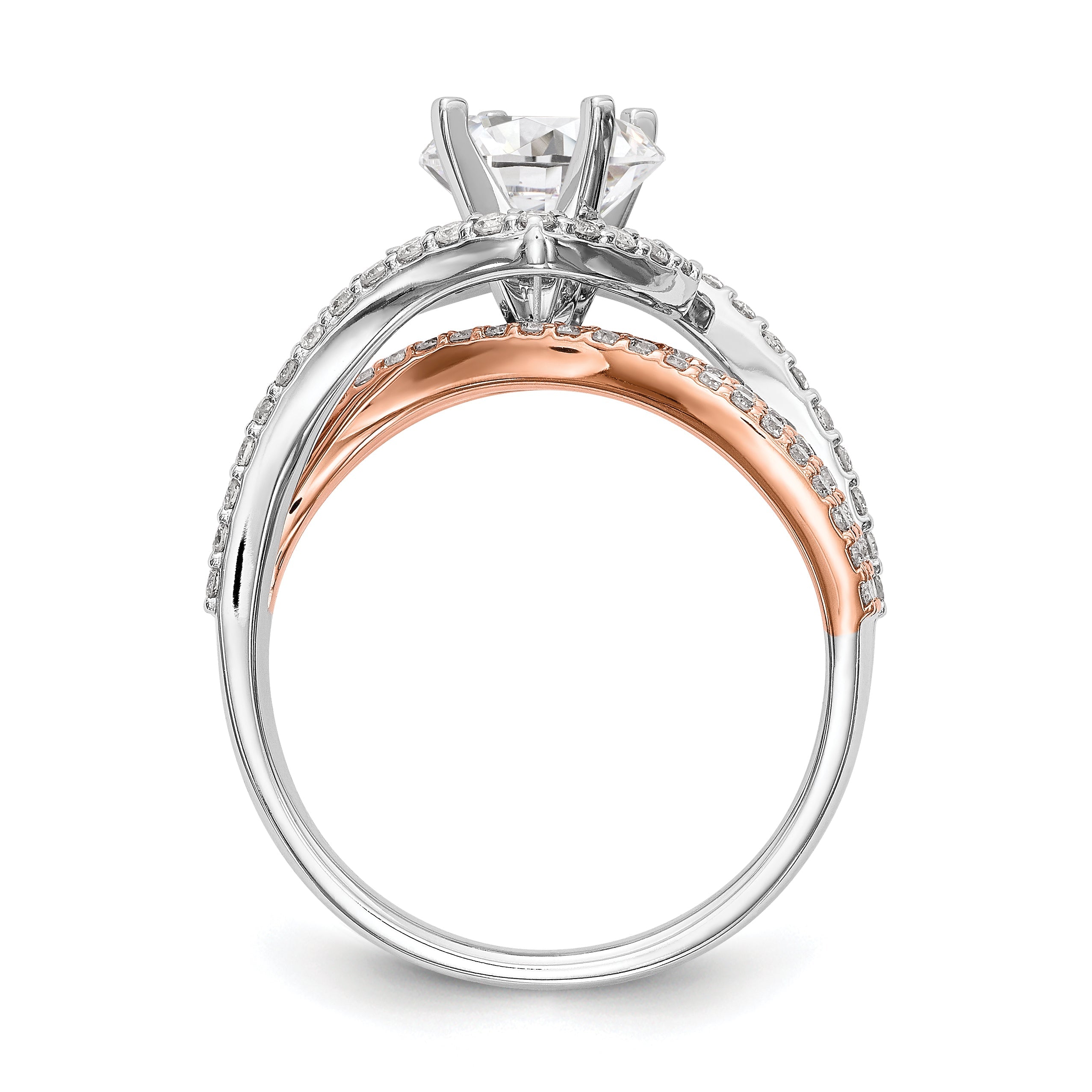 14K Bicolor Verlobungsring mit Zirkonia im Überkreuz-Design, Peg-Fassung