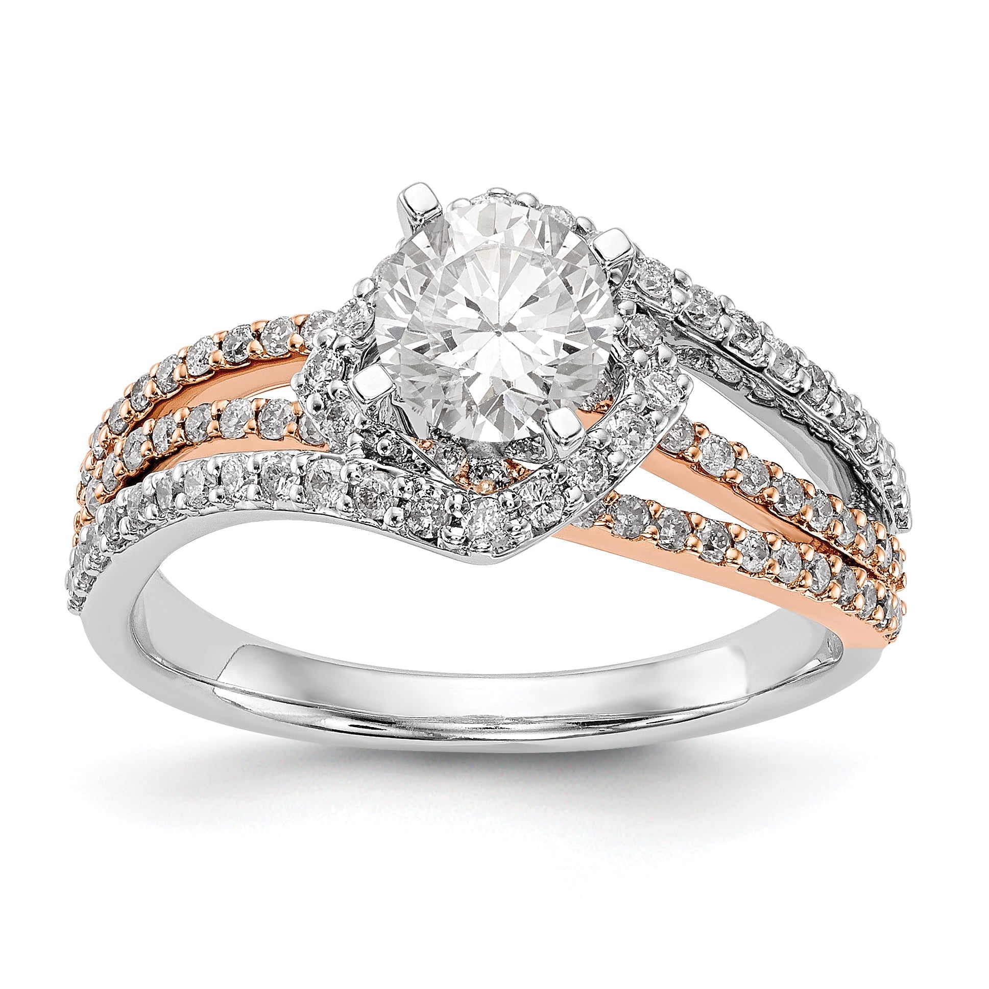 14K Bicolor Verlobungsring mit Zirkonia im Überkreuz-Design, Peg-Fassung