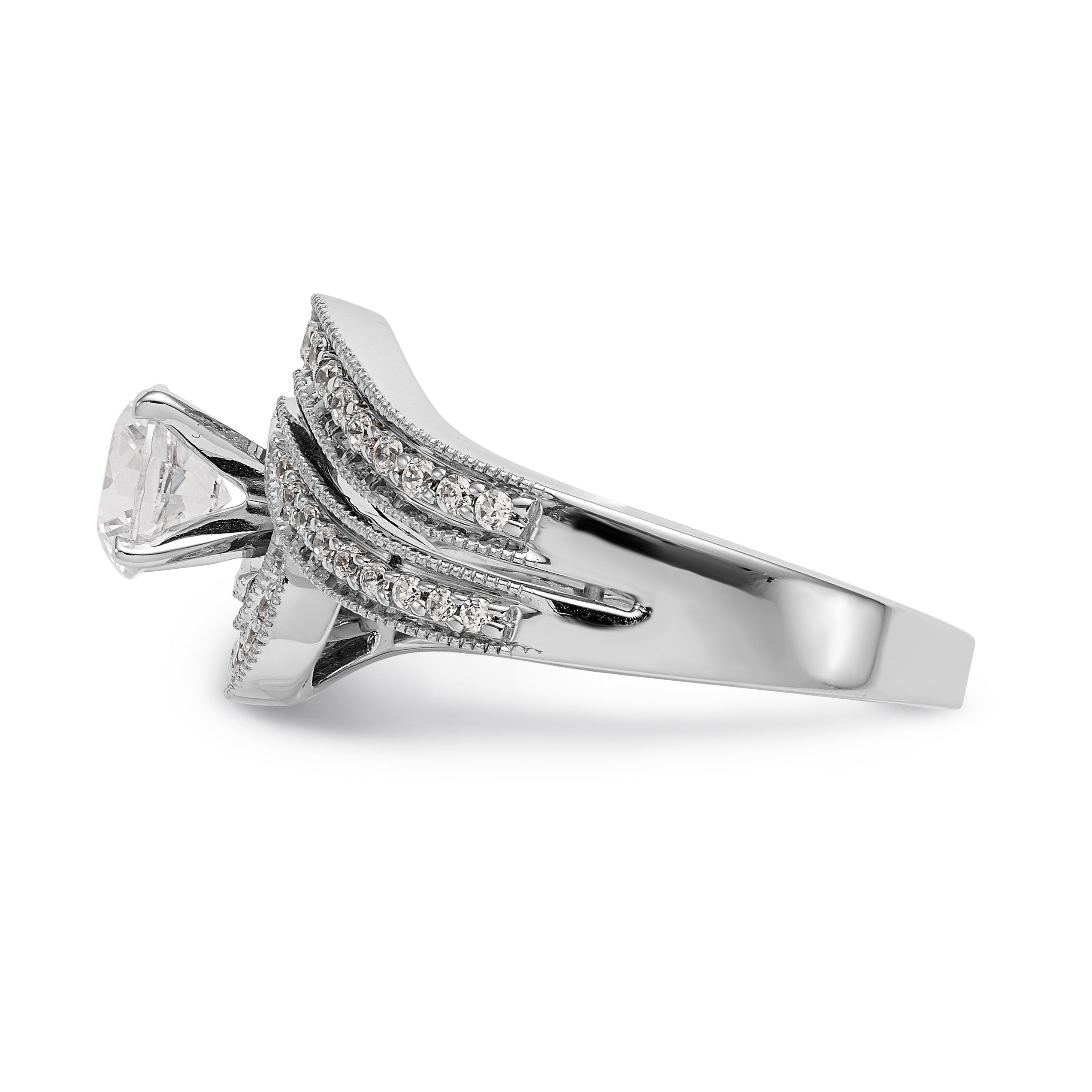 Verlobungsring in Bypass-Design aus 14K Weißgold mit Krappenfassung und simuliertem Diamanten
